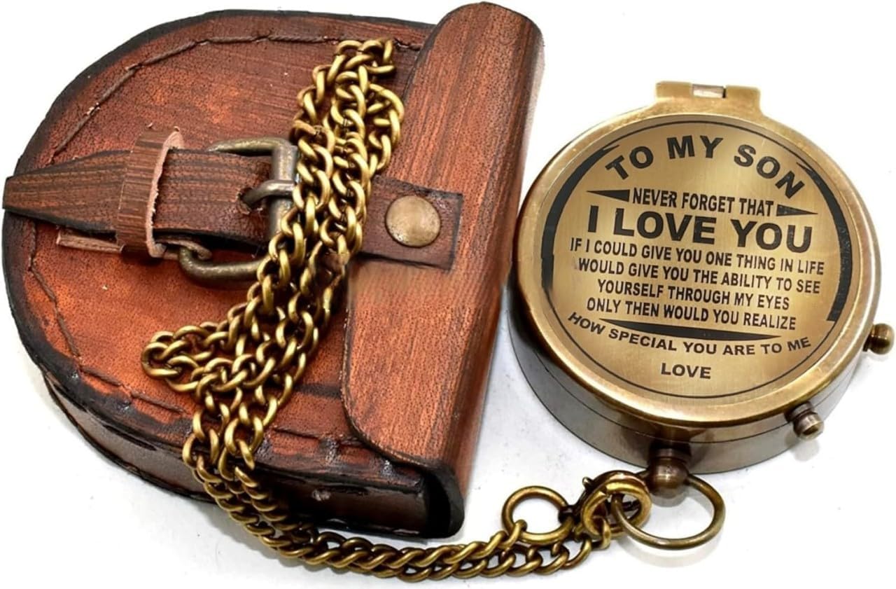 to My Son Brass Engraved Compass – Vintage Pocket Compass with Leather Case, Solid Antique Brass Navigation Compass, Personalized Engraved Gift from Mom to Son for Graduation, Birthday, Christmas