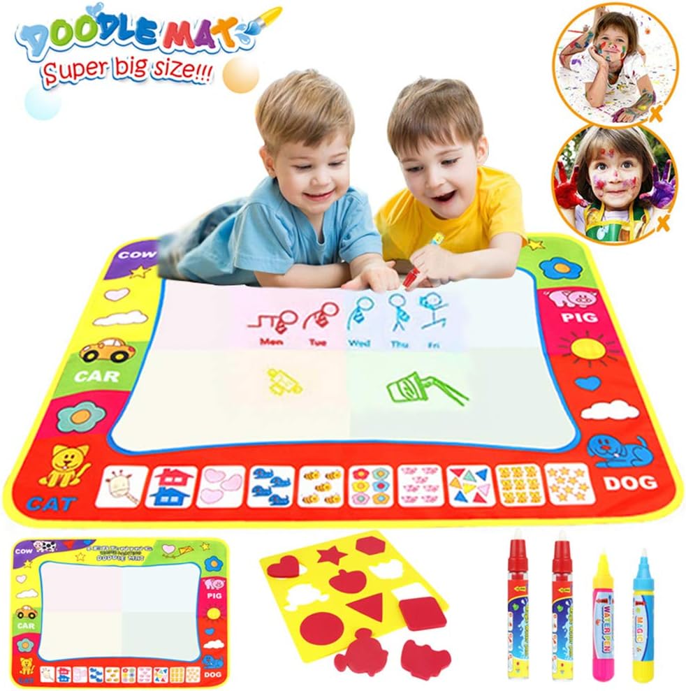 Toys for 2-10 Years Old girls Boys Water Doodle Mat for Kids 4 color Aqua Drawing Painting Mat (80 x 60cm) with 4 Magic Pens 1 Stamp Set Mess Free Learning Toys Gift for 3 4 5 6 Year Old Boys Girls