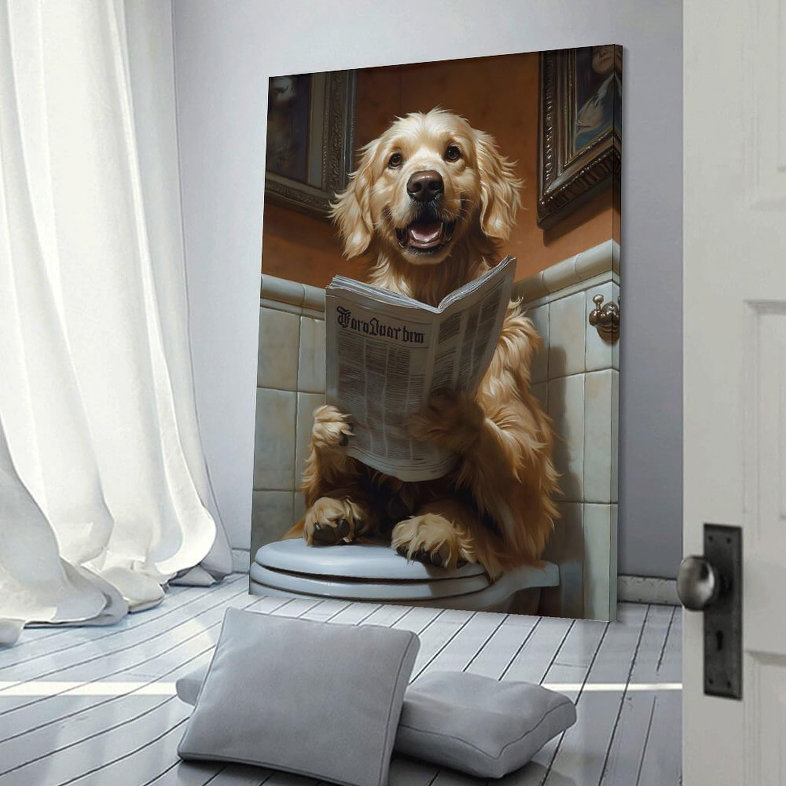 Junmoney Golden Retriever Reading Newspaper on Toilet Wall Art Print, 24x36inch(60x90cm), for Corridors, Hallways Or Apartment Entries, Wall Decor to Refresh Empty Corners