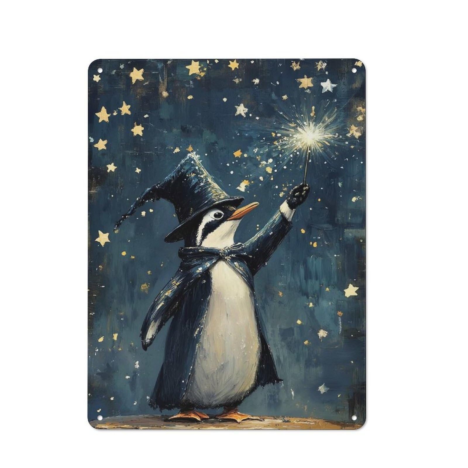 Junmoney Penguin Wizard With Wand And Stars Tin Wall Plaque 40X30cm With For Dining Room Or Kitchen, Winter Wall Decor For Dining Room Decor Fans