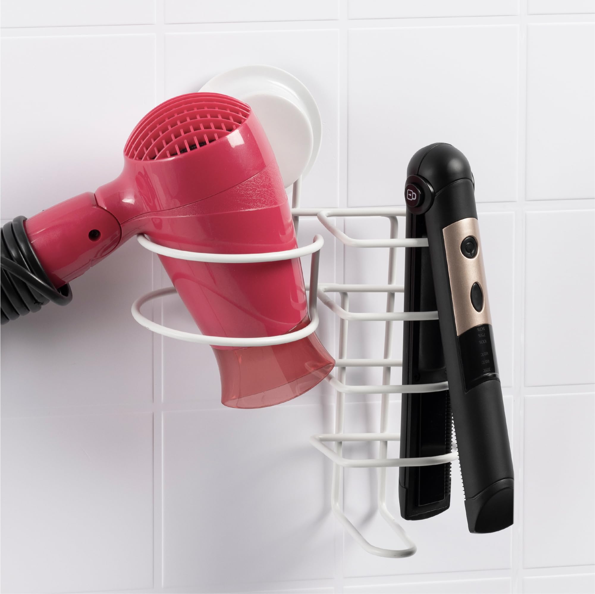 Navaris Porta Phon Piastra con Ventosa Ø 8 cm - Cestino Adesivo Muro/Vetro Cura Capelli - Porta Asciugacapelli Portapiastra Cromato per Parrucchieri - Senza Foratura - Bianco