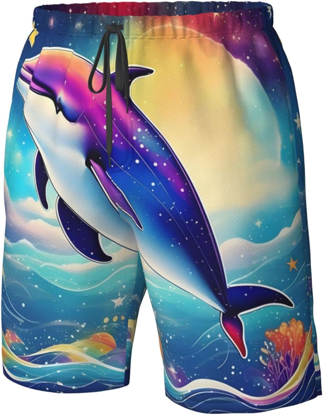 Colorful Starry Sky Ocean Dolphin Print Men's Quick-Drying Shorts Casual Beach Pants Stretch Waist Shorts and Pockets
