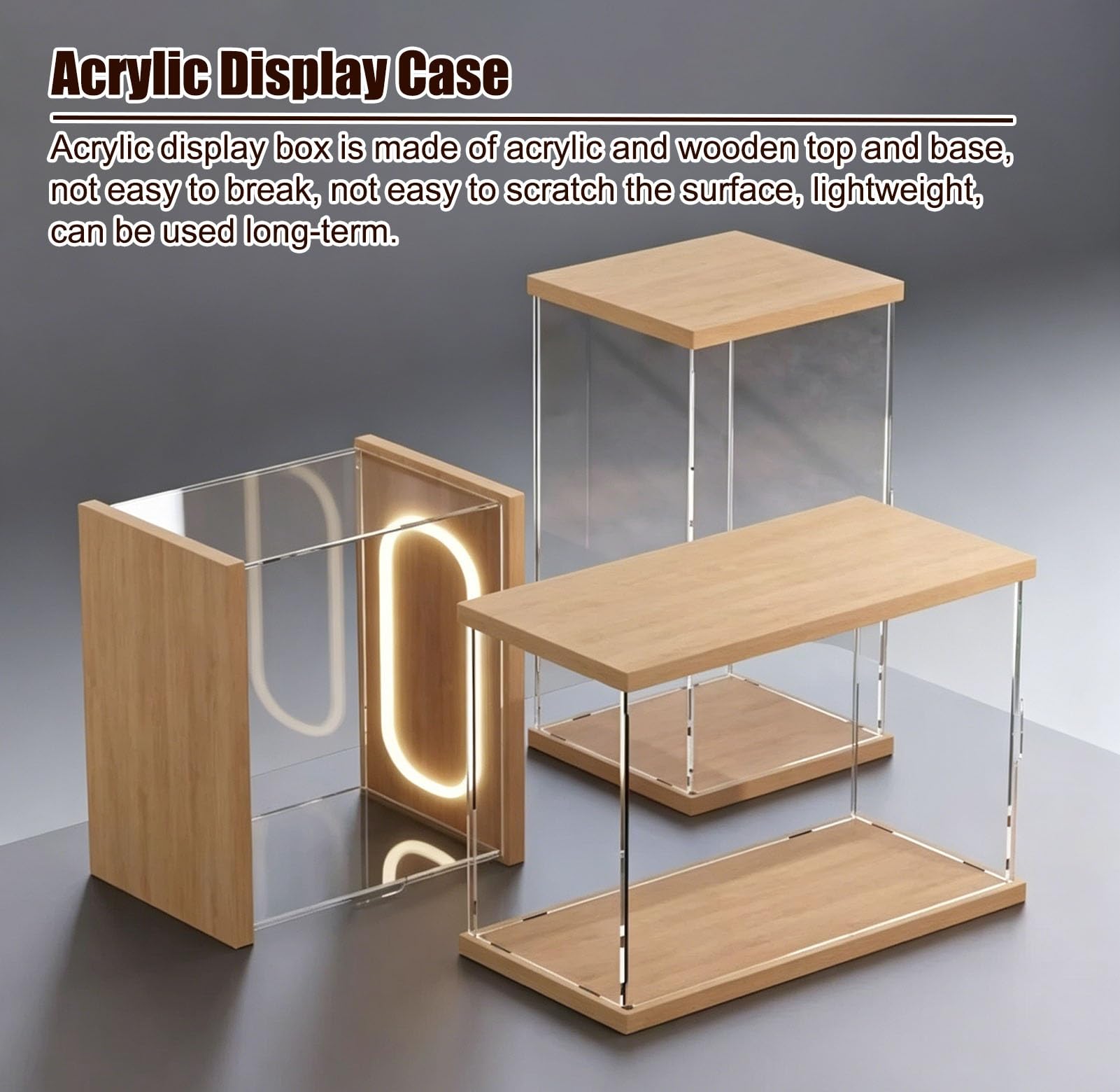 Acryl Vitrine LED-beleuchtete Acrylvitrine mit Fronttür, Stapelbare, Hohe Vitrine Trophäen/Figuren/Modelle, Staubdichte Aufbewahrungsbox, Montage Ohne Klebstoff(30x30xH55cm/12x12x22in)