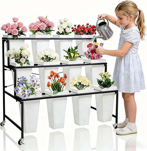 Soporte de exhibición de flores de metal de 3 niveles, carrito móvil resistente para plantas de flores con 12 cubos y ruedas con cerradura, estante
