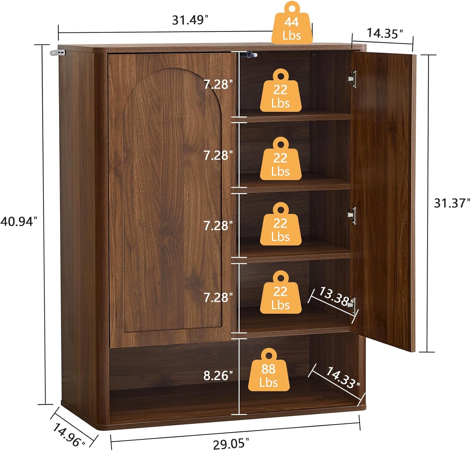 Shoe Cabinet, 5 Tier Wooden Shoe Storage Organizer Cabinet with Adjustable Shelves, Shoes Rack Accent Cabinet for Entryway Hallway Living Room, Walnut