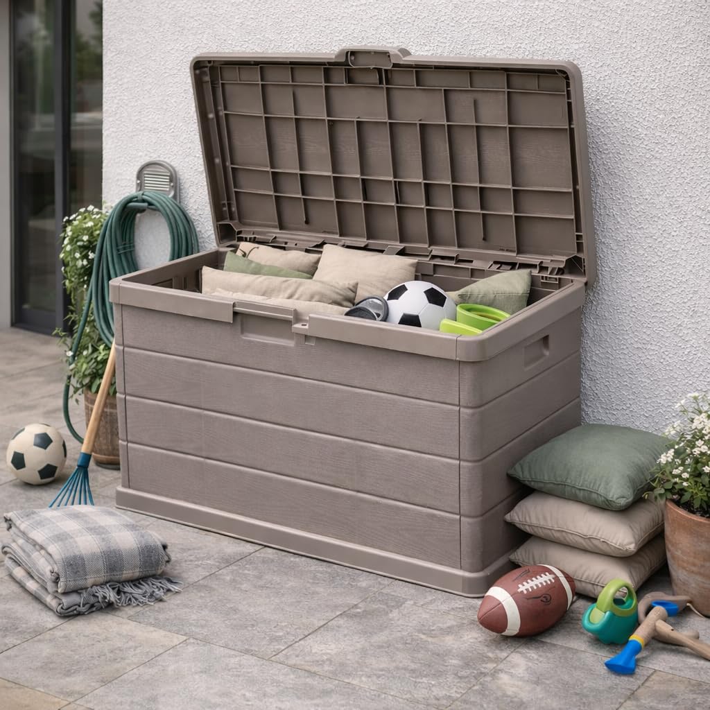 MA MAISON Baule Cassapanca Multiuso 170LT - Esterno, Interno, Apertura Superiore, Effetto Legno, Resina Taupe, Contenitore, Organizzatore, Stoccaggio - (Taupe 170lt) - 4