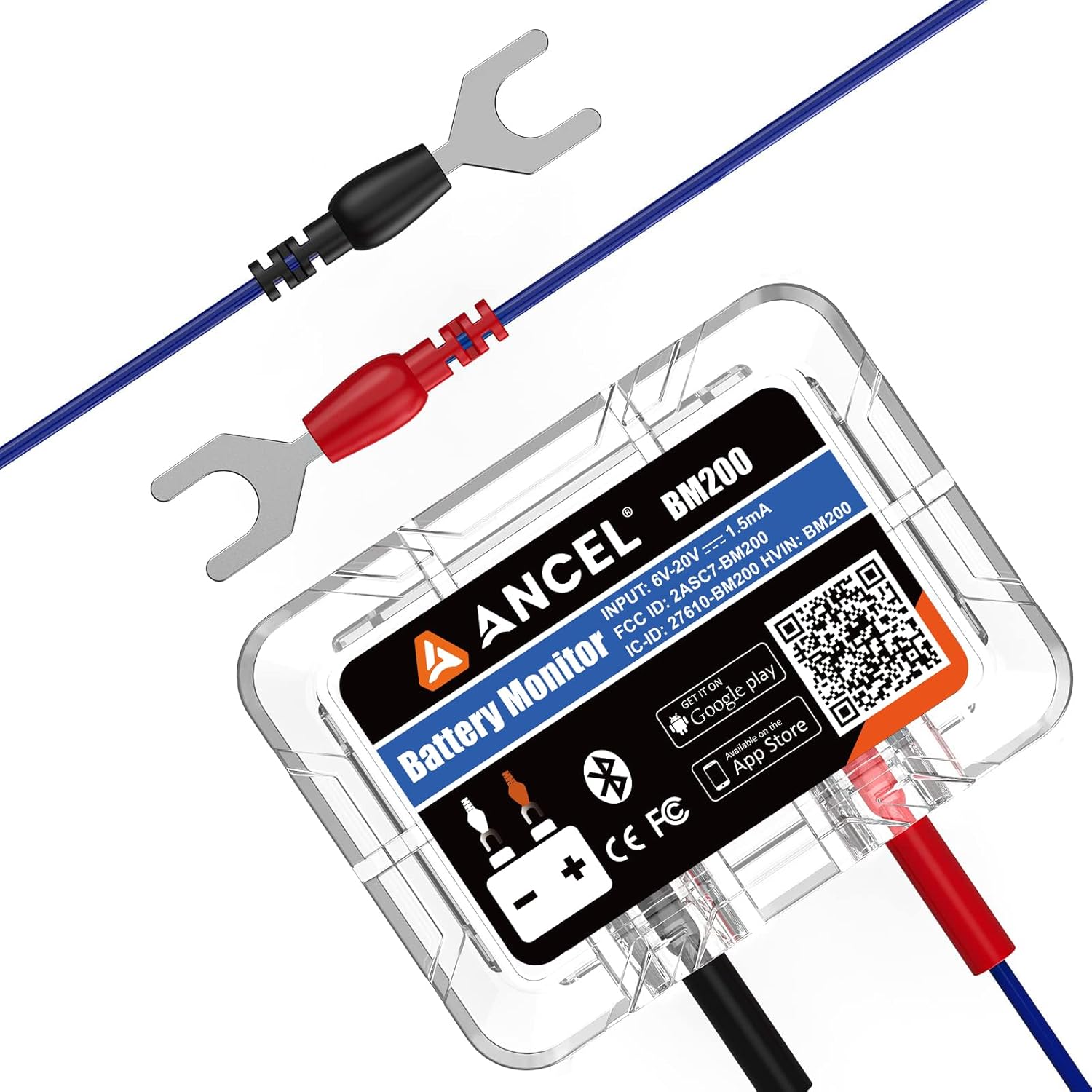 The ANCEL BM200 battery monitor device with its red and black terminals connected to a battery, showing the clear casing and QR code.