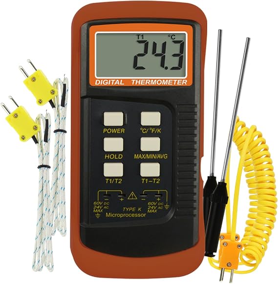 Digital K-Type Thermocouple Thermometer with Dual Channels 4 Thermocouples High Accuracy Temperature Kelvin Scale Dual Measurement Meter Sensor,50~1300°C (-58~2372°F) for High Temperature