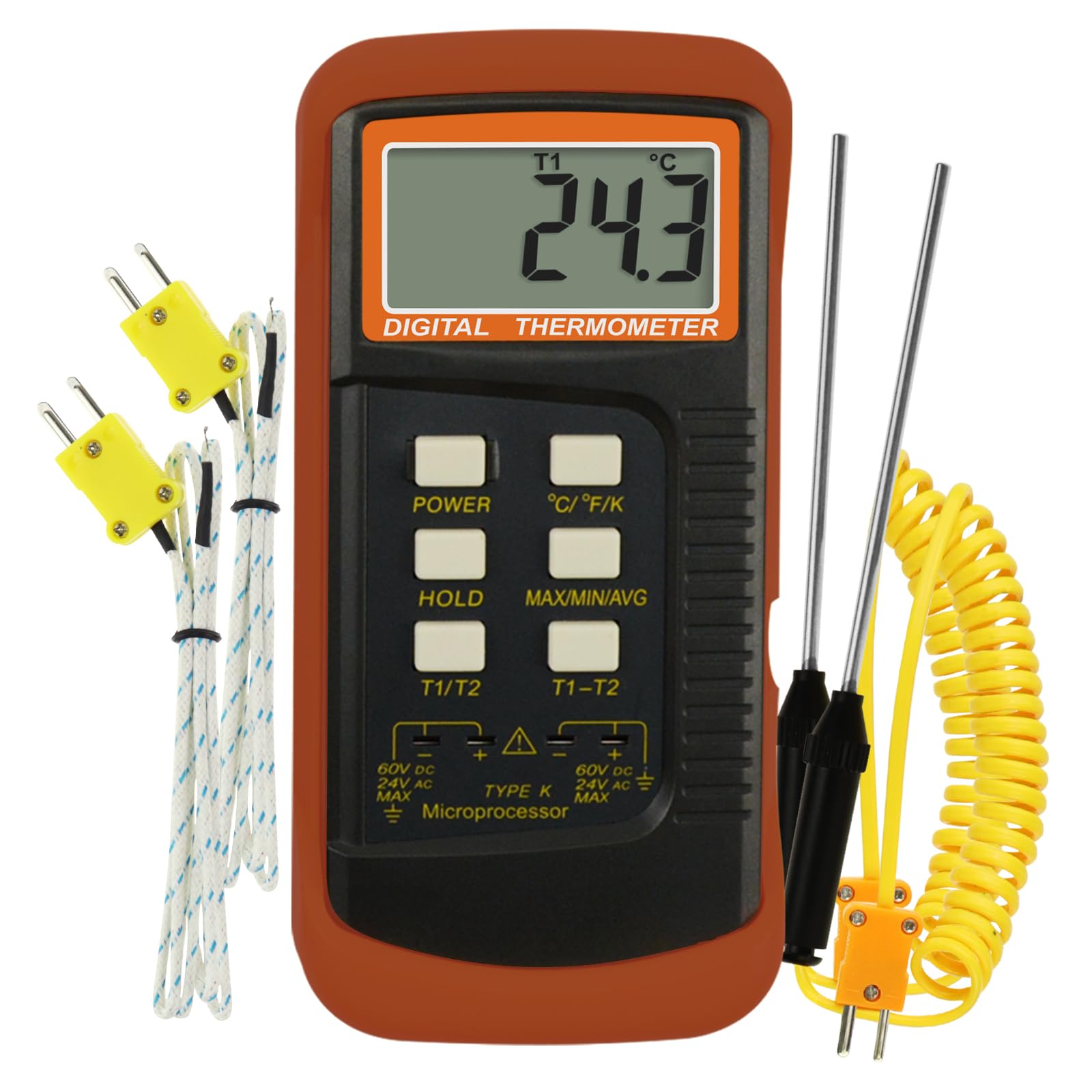 Digital K-Type Thermocouple Thermometer with Dual Channels 4 Thermocouples High Accuracy Temperature Kelvin Scale Dual Measurement Meter Sensor, -50~1300°C (-58~2372°F) for High Temperature