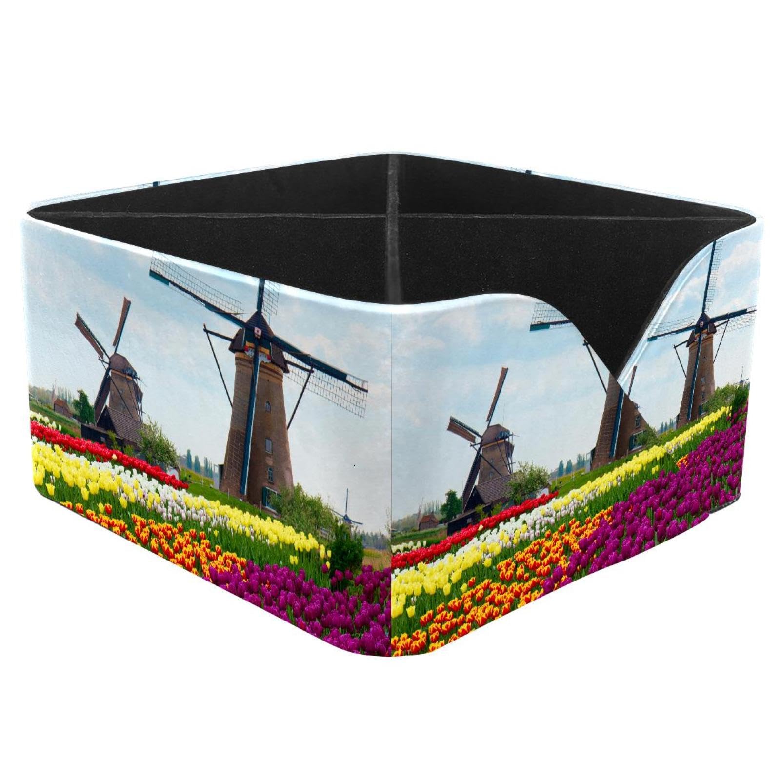 KengjuTesu Dutch Windmill with Tulips Desktop Organizer Pen Holder, Rectangular Pencil Cup for Office, Study and Makeup Stations