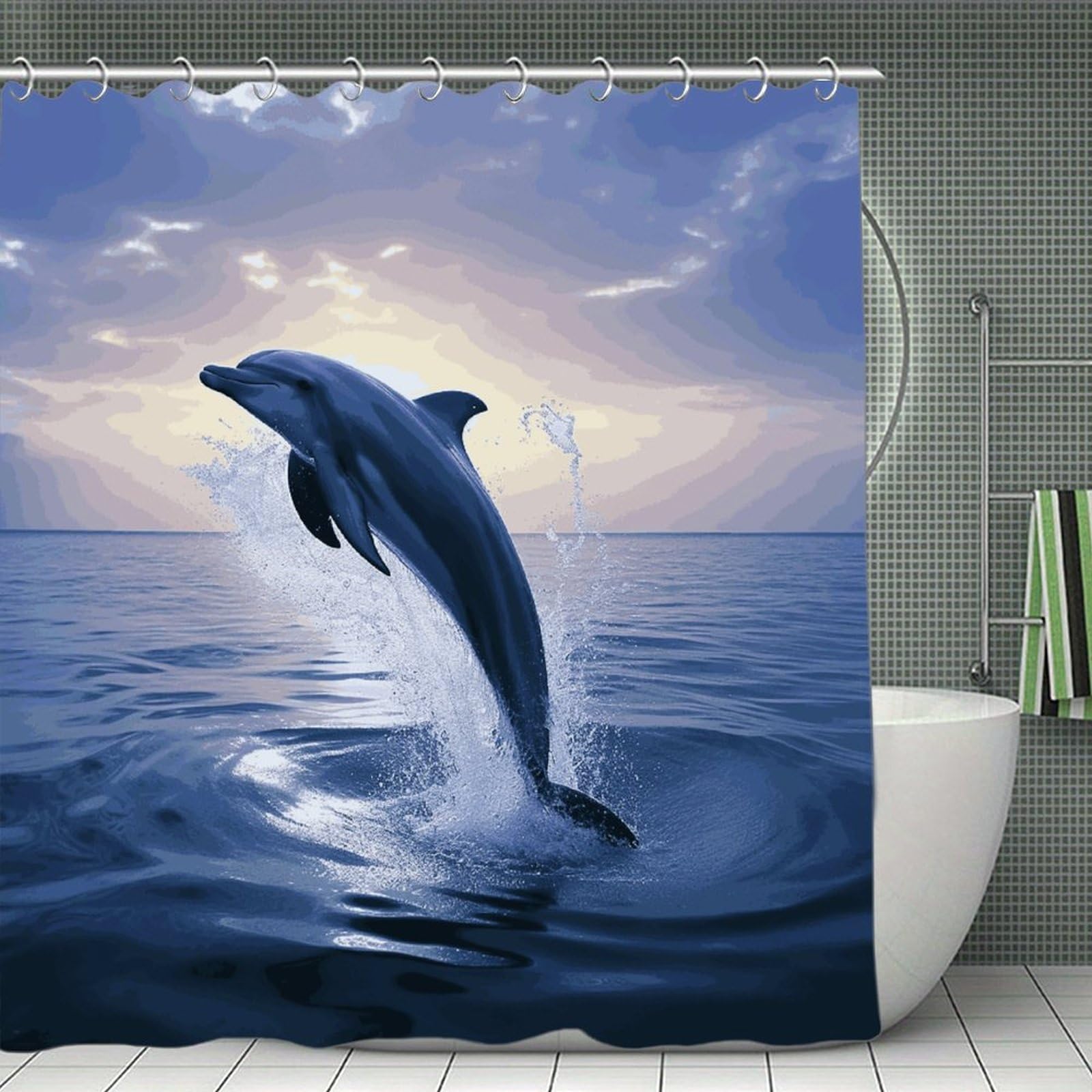 JTREHY Elegant Dolphin Shower Curtain Waterproof Bathroom Shower Curtain Machine Washable Bath Curtains Polyester Cloth Bath Curtains for Bathroom Showers 70.8×70.8Inch