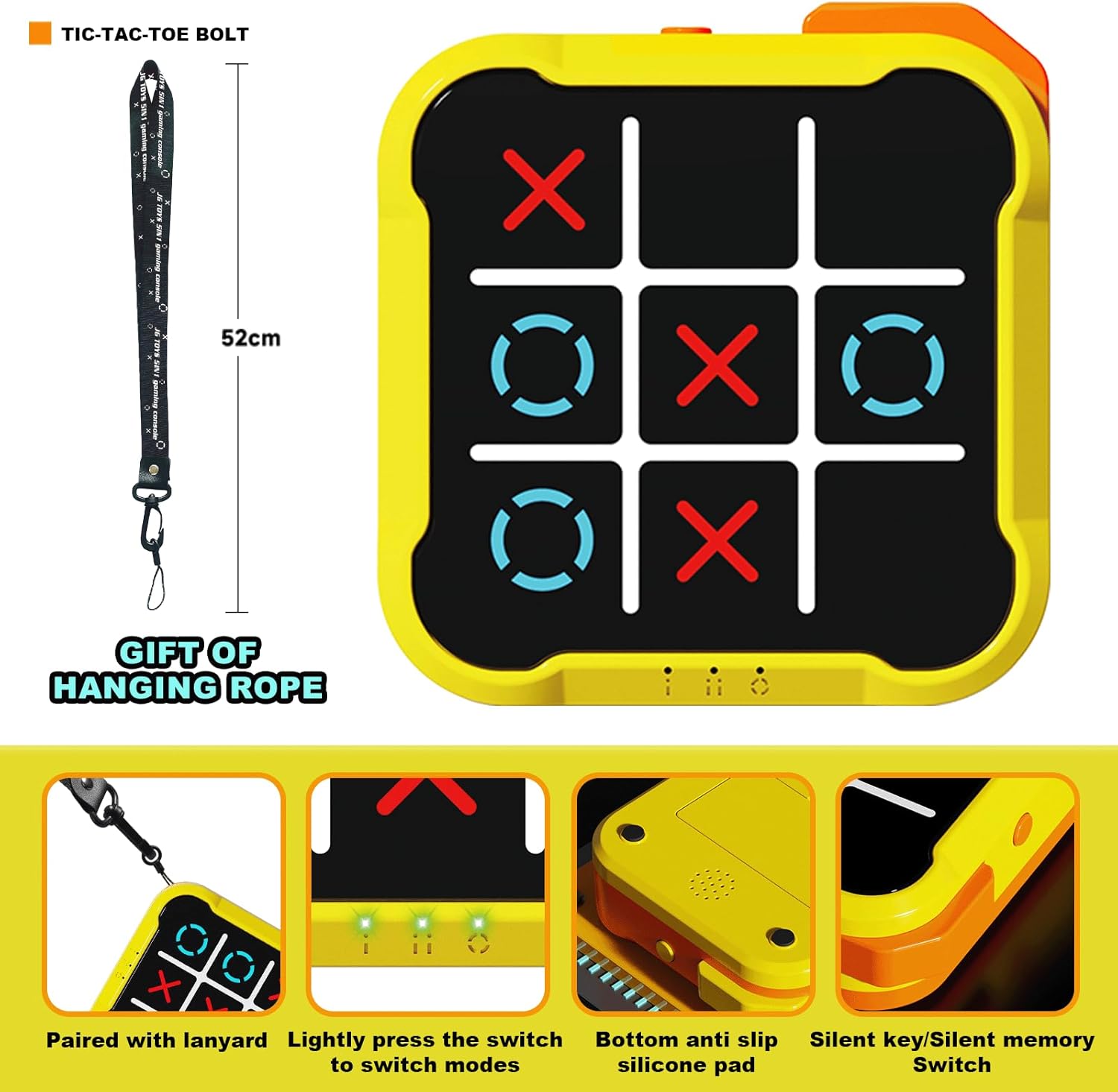 5-in-1 Electronic Tic Tac Toe Game, Handheld Digital Puzzle Games, Portable Travel Toys for Car Ride, Board Game with Silent Mode for Kids and Adults, Birthday Gifts & Stocking Stuffers（Orange）