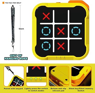5-in-1 Electronic Tic Tac Toe Game, Handheld Digital Puzzle Games, Portable Travel Toys for Car Ride, Board Game with Silent Mode for Kids and Adults, Birthday Gifts & Stocking Stuffers(Yellow