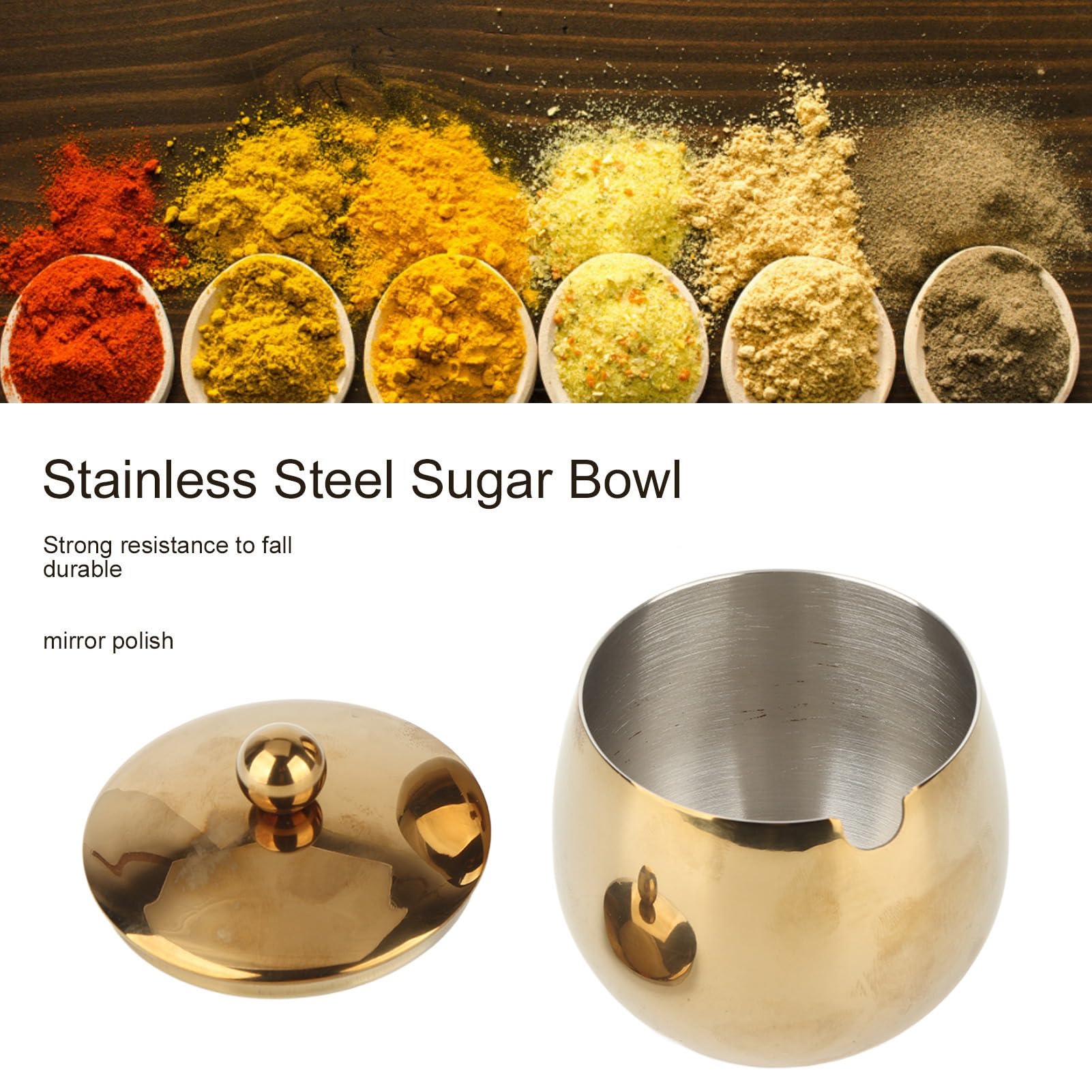 ZIZEV Spice Tin, Drum Shape Sturdy Stainless Steel Sugar Bowl Rustproof Acidproof with Lid for Home (Round)