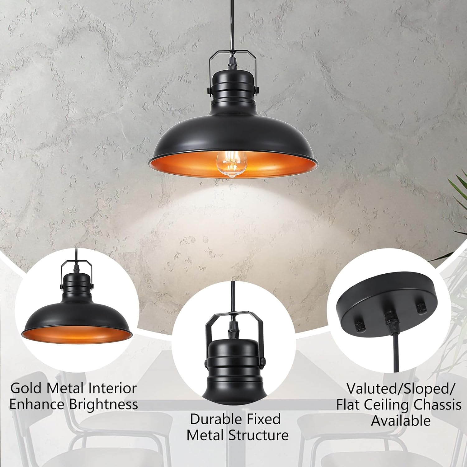 Industrial Pendant Light, 10.5 Inch Farmhouse Small Black and Gold Chandelier, Vintage Hanging Light Fixture with 71'' Height Adjustable Cord for Kitchen Island, Dining Room, Bedroom - 2 Pack