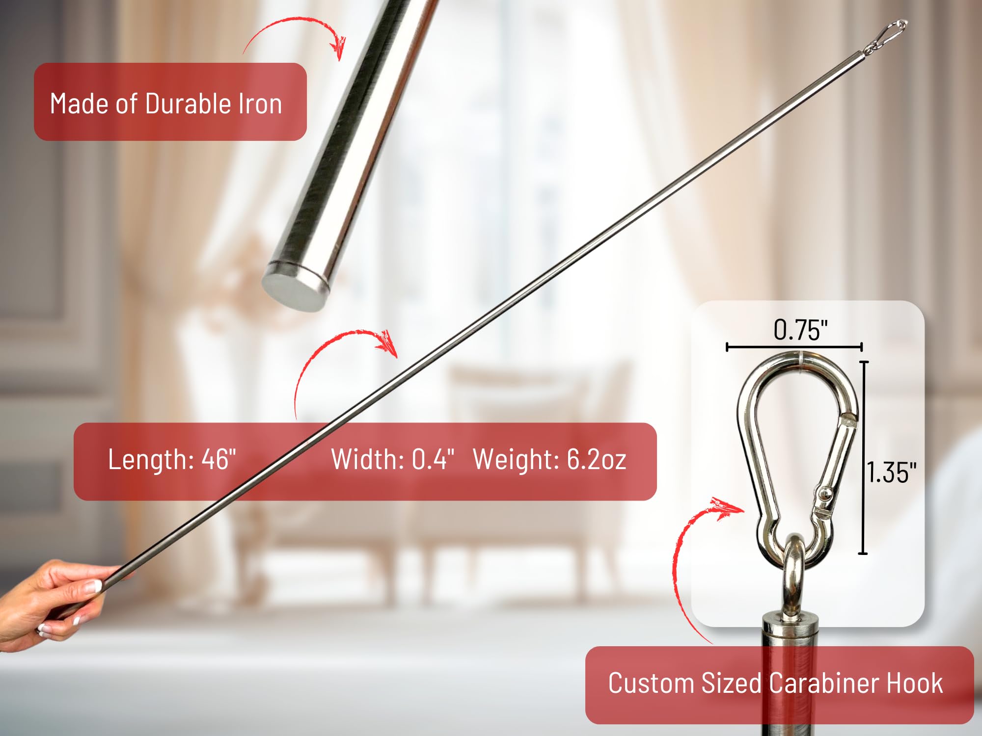 46 inch (4 Pack) Stainless Steel Iron Curtain Pull Wand - 2 inches shy of 48 inch Drapery Pull Rod - Versatile Curtain Wand - Metal Drapery Wand (46in SS 4pk)