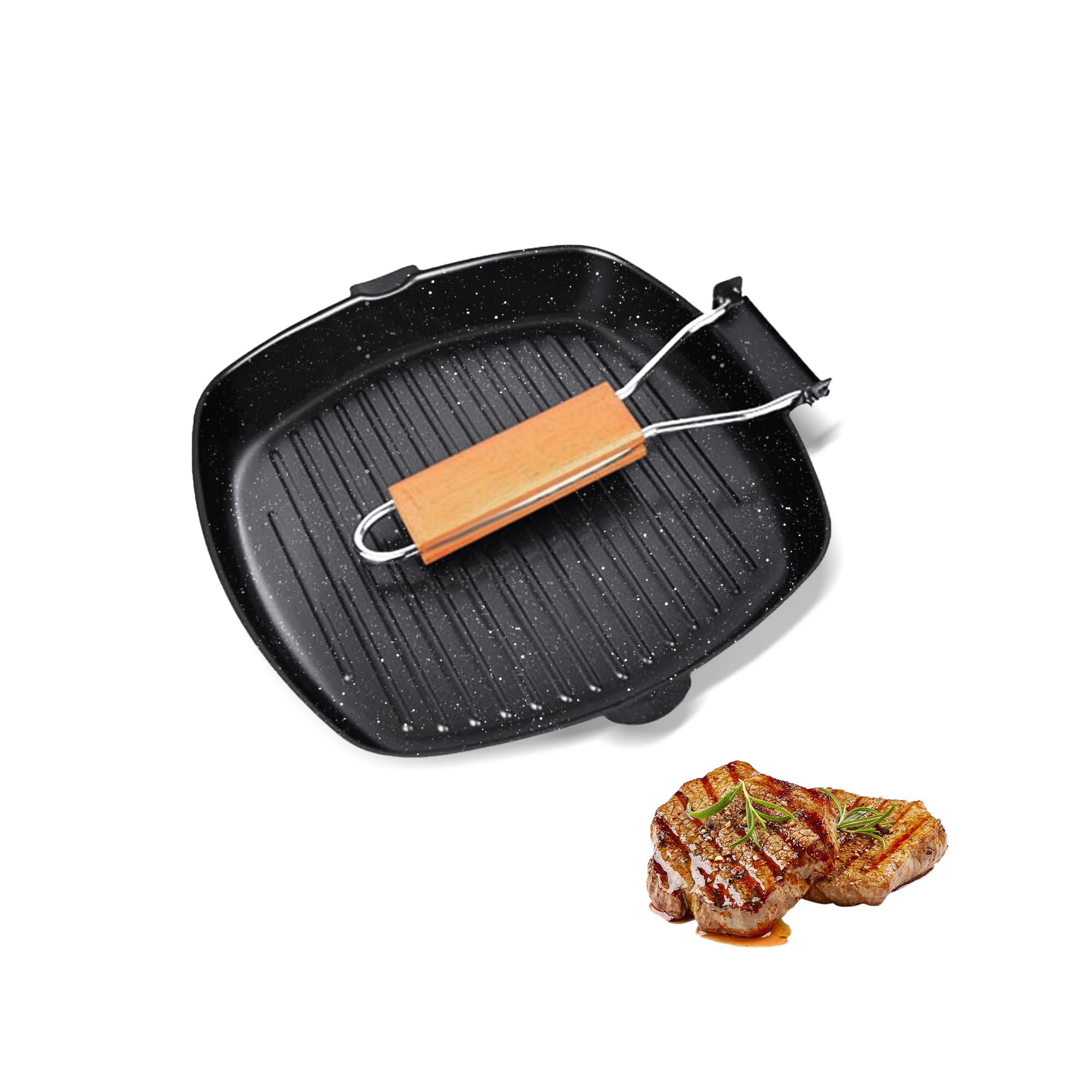 Gurlideo 28cm Nonstick Grill Pan with Folding Handle, Induction Grill for All Hobs, for Indoor Cooking, Camping, BBQ, Steak, Burgers, PFOA Free, Black