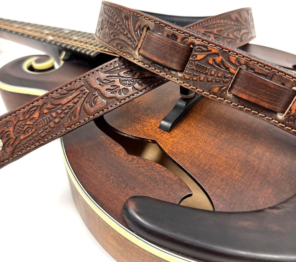 Walker And Williams M-22-BRN Bourbon Brown Leather Premium Padded Mandolin Strap With Live Oak Design, For Mandola, Bouzouki or Ukulele. For F And A Type Mandolins
