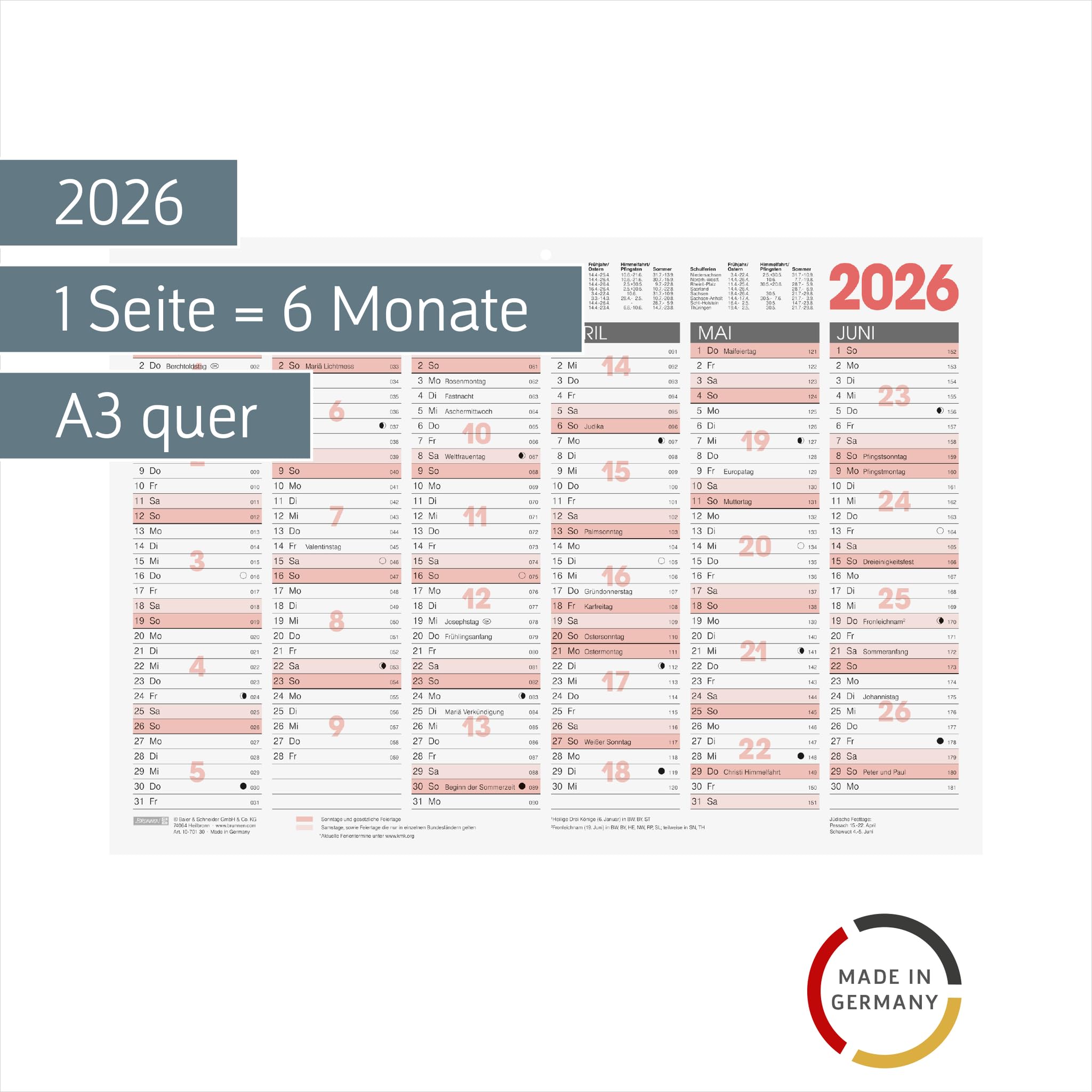 BRUNNEN Calendrier tableau 2026 A3 paysage