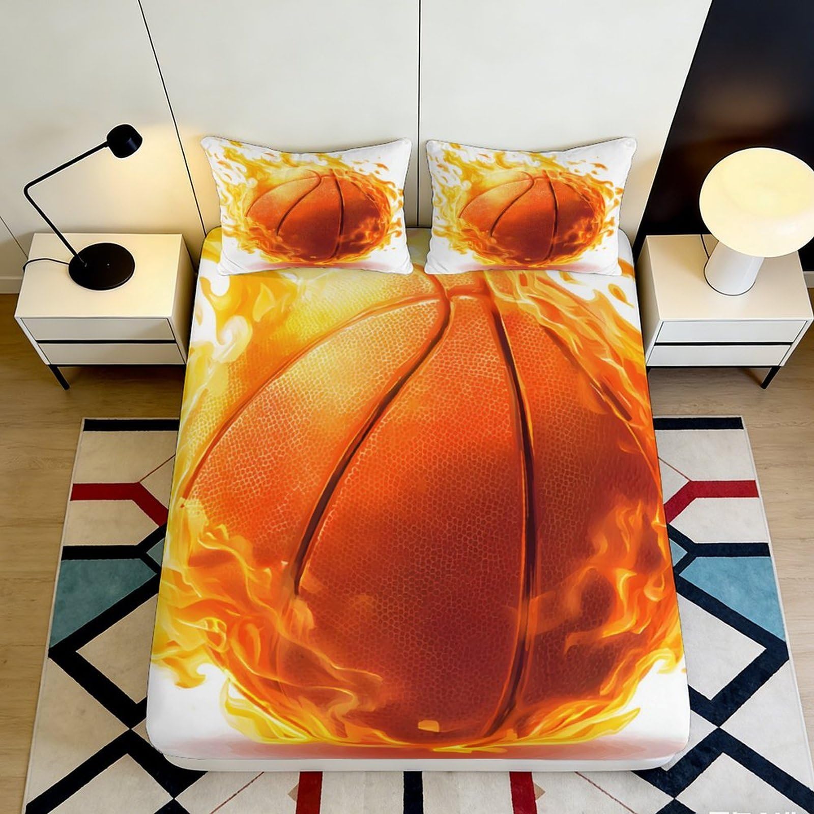 3D Printed Flaming Basketball Fitted Sheet Microfiber Soft Breathable Fiery Ball Bed Cover for Bedroom Dormitory Guest Room Mattress Protection Decor 120x200x25cm