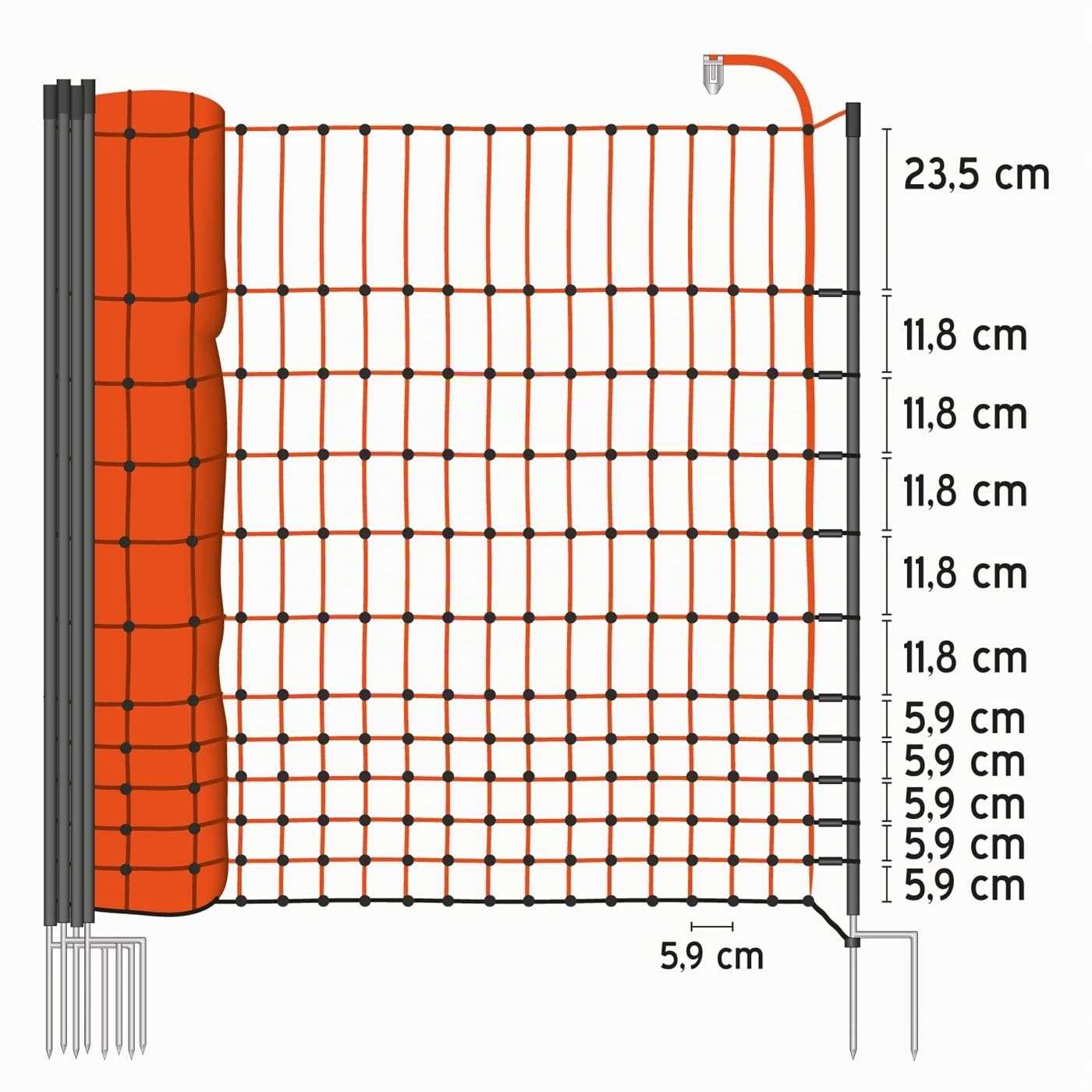 VOSS.farming Malla eléctrica para gallinas y Aves de Corral, Rollo de 50m de Longitud y 112cm de Altura, 20 Postes con Punta Doble y Kit de reparación