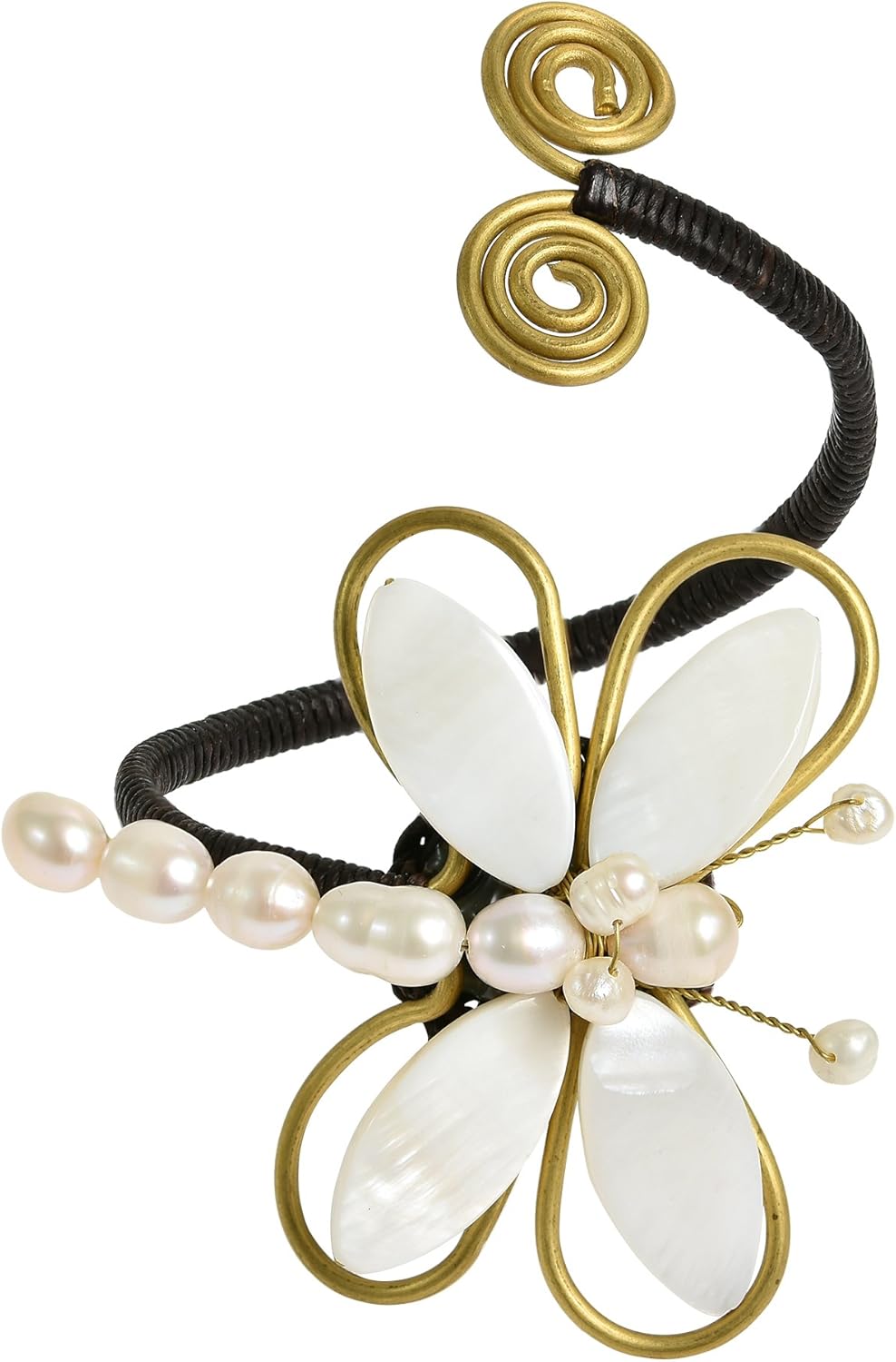 AeraVida Chic Organic White Mother of Pearl & Cultured Freshwater White Pearl Dragonfly Handmade Cuff Bracelet