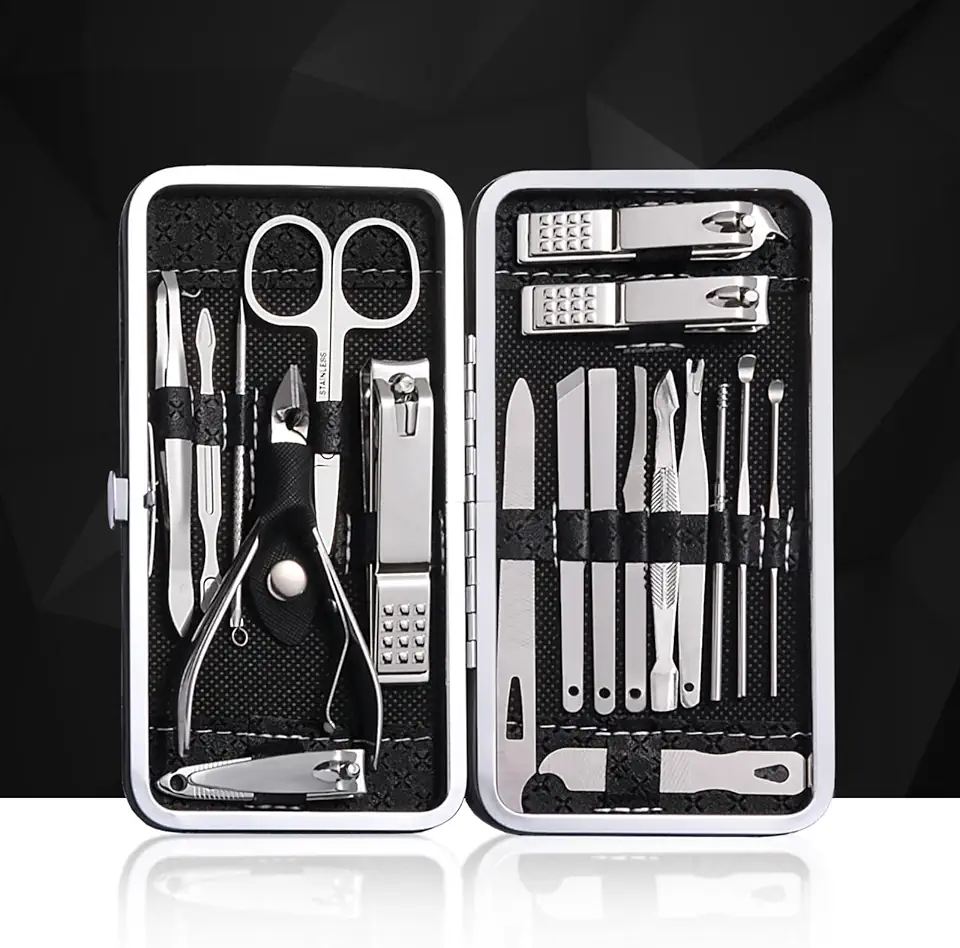 Conjunto de manicure e pedicure de 19 peças - Ferramentas de cuidado de unhas de aço inoxidável premium - Kit de cuidados portáteis - presente para homens e mulheres - preto