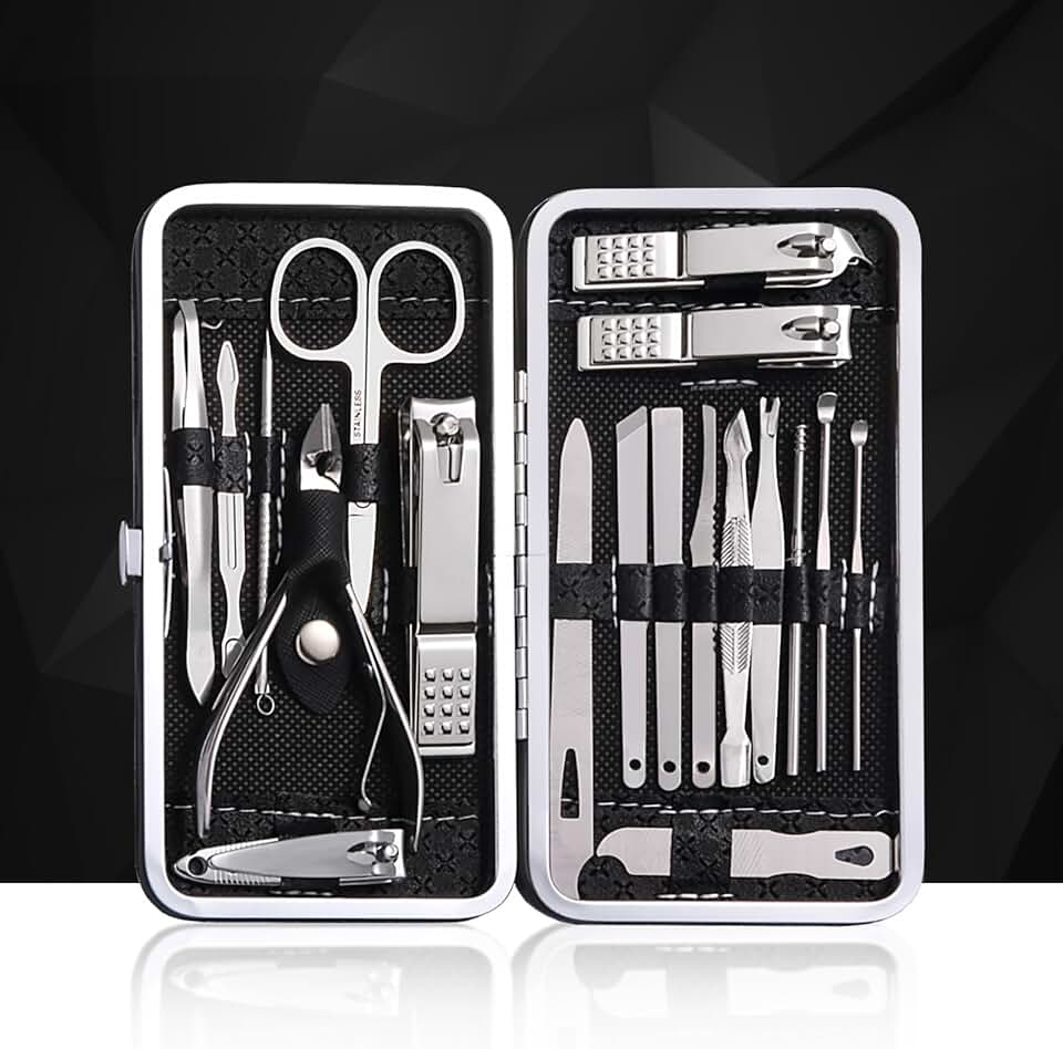 Conjunto de manicure e pedicure de 19 peças - Ferramentas de cuidado de unhas de aço inoxidável premium - Kit de cuidados portáteis - presente para homens e mulheres - preto