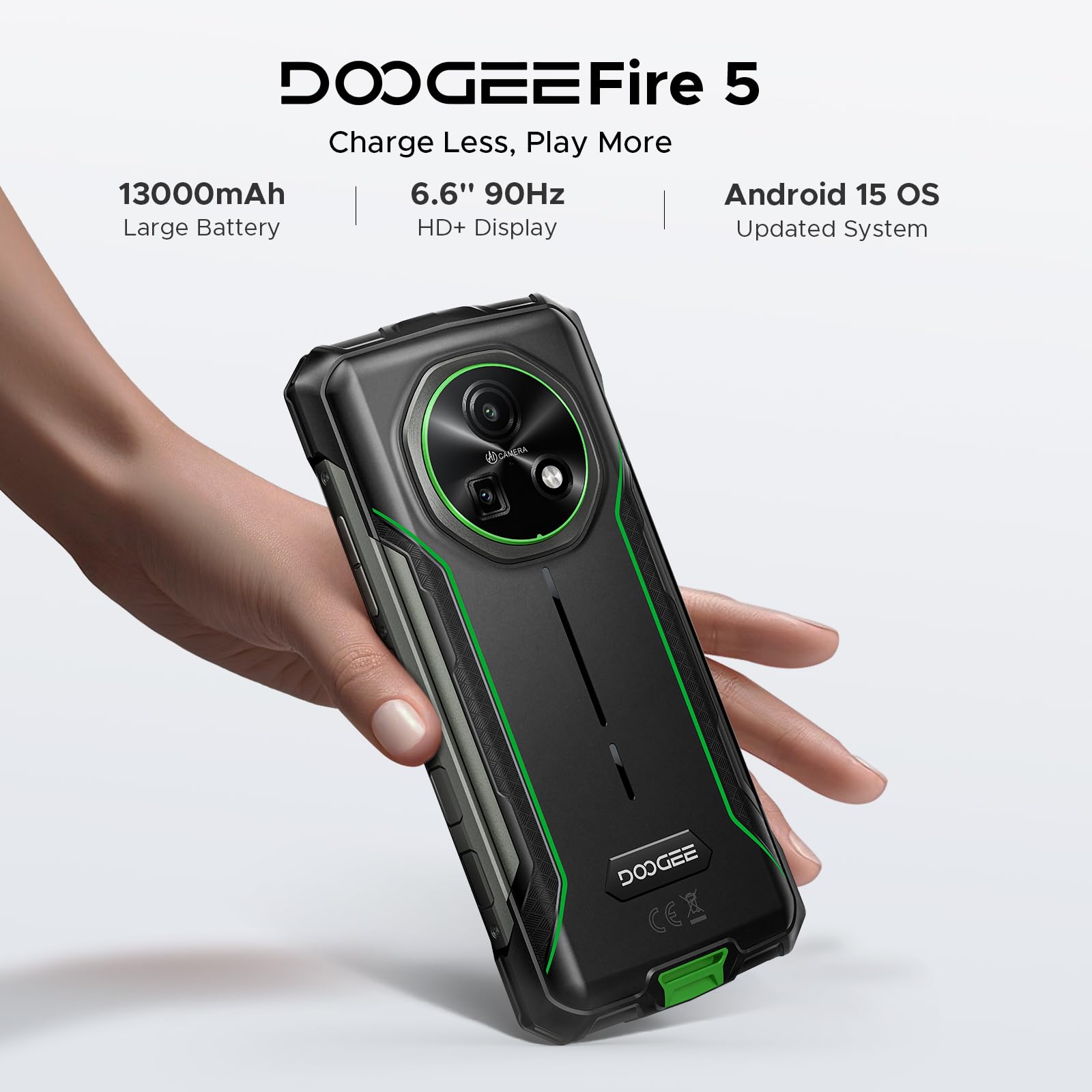 DOOGEE Fire 5 Rugged Phone Unlocked, 13000mAh Android 15 Dual Sim, 6.6" HD+90Hz Waterproof Phone 12GB+64GB, 2TB Expand, NFC, Face ID, OTG, Reverse Charging Rugged Smartphone for Outdoor Work