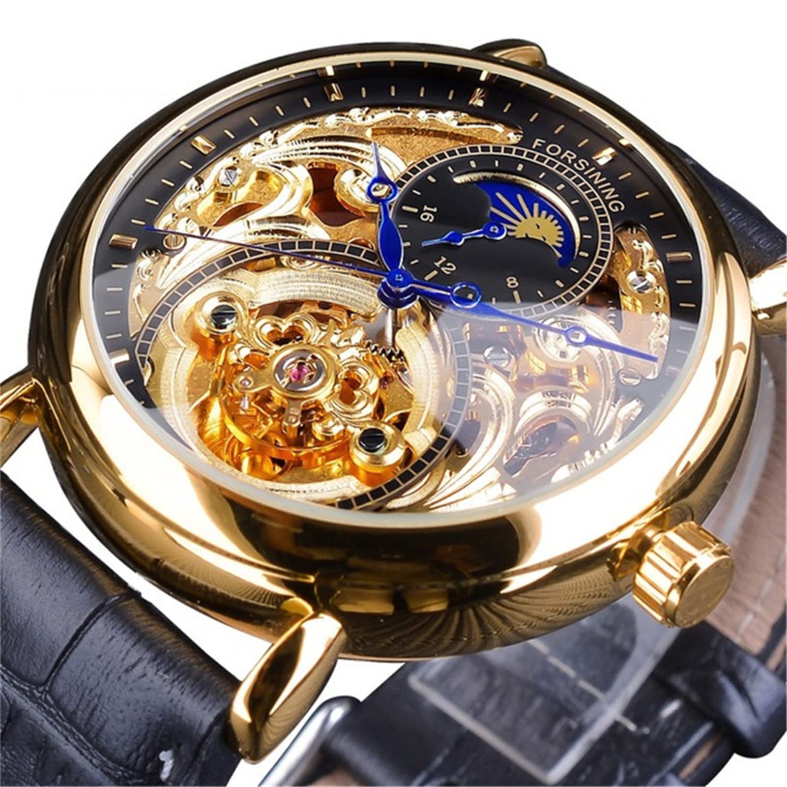 FORSINING Orologio da polso da uomo automatico a carica automatica, con cinturino in silicone nero, stile retrò, scheletro, fasi lunari, grande quadrante meccanico