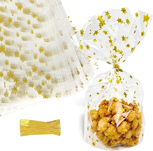 Capesaro Bolsas de celofán doradas, bolsas de celofán con lazos giratorios, bolsas pequeñas de plástico grueso para panadería, galletas, suministros