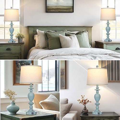 Miniatura 5 de 27.5" Coastal Table Lamp for Living Room Set of 2,Retro Blue Bedside Nightstand Lamps with USB C+A Ports & AC Outlet,3-Way Dimmable Touch Control