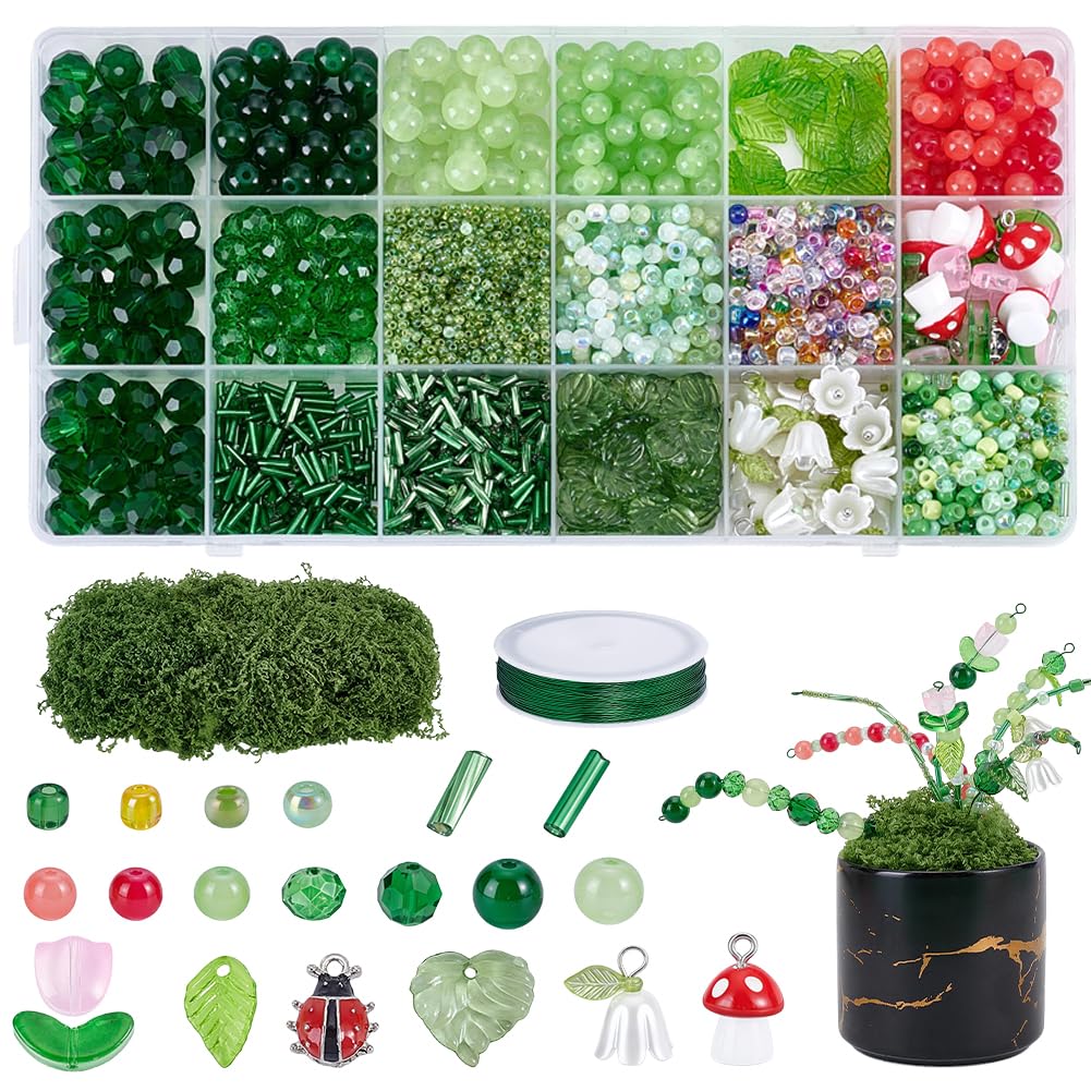 Cuentas de vidrio verde PH PandaHall: kit de 2630 piezas con alambre y dijes