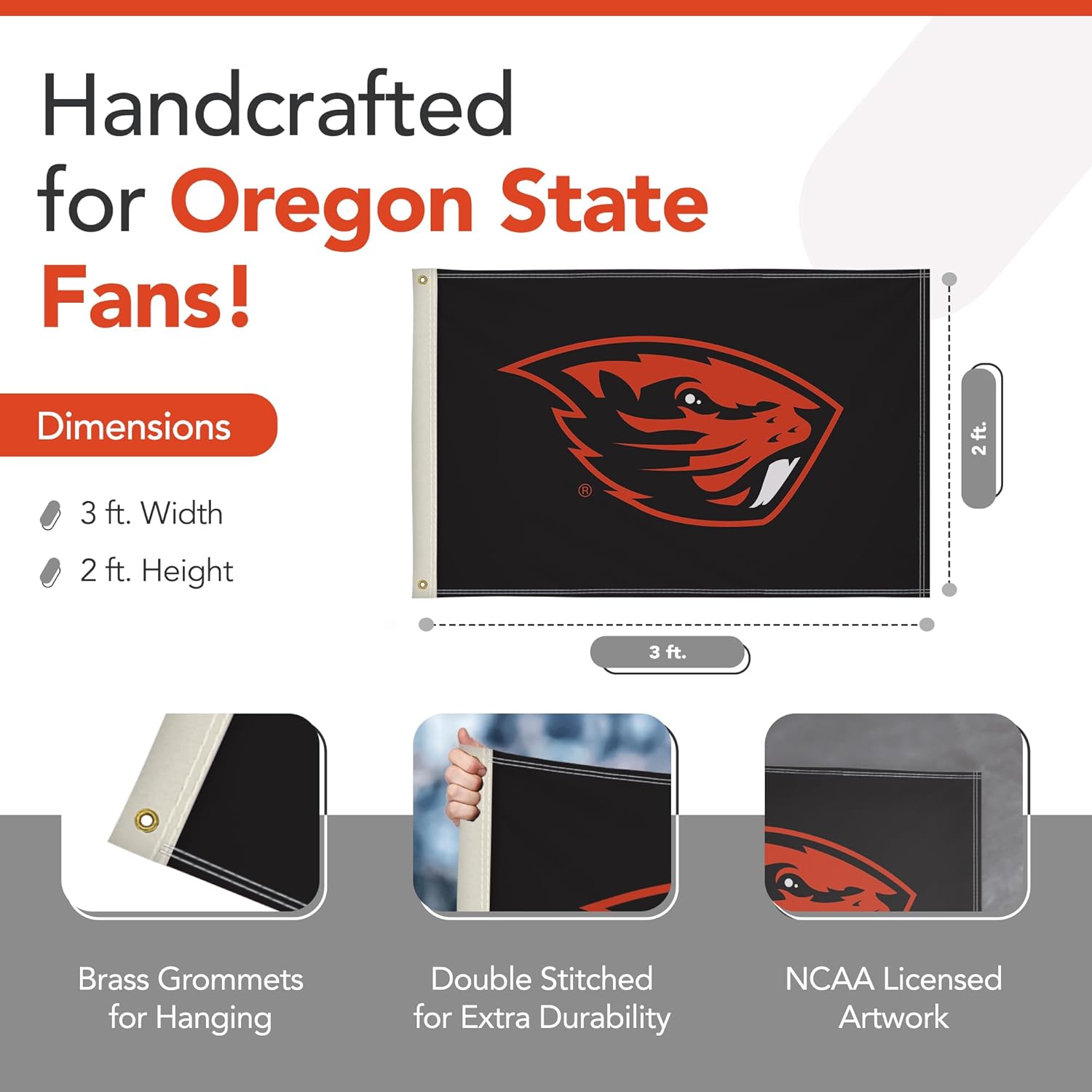 Oregon State Beavers College Sports Printed Flag - NCAA Licensed (Black, Orange, 2' x 3') - Image 2