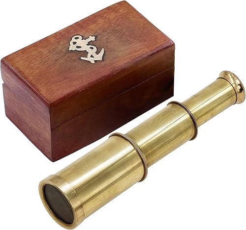 Mythrojan Mini telescopio de latón de 6 "Pirata Spyglass con caja de madera, regalo náutico, telescopio decorativo monocular marítimo con óptica de