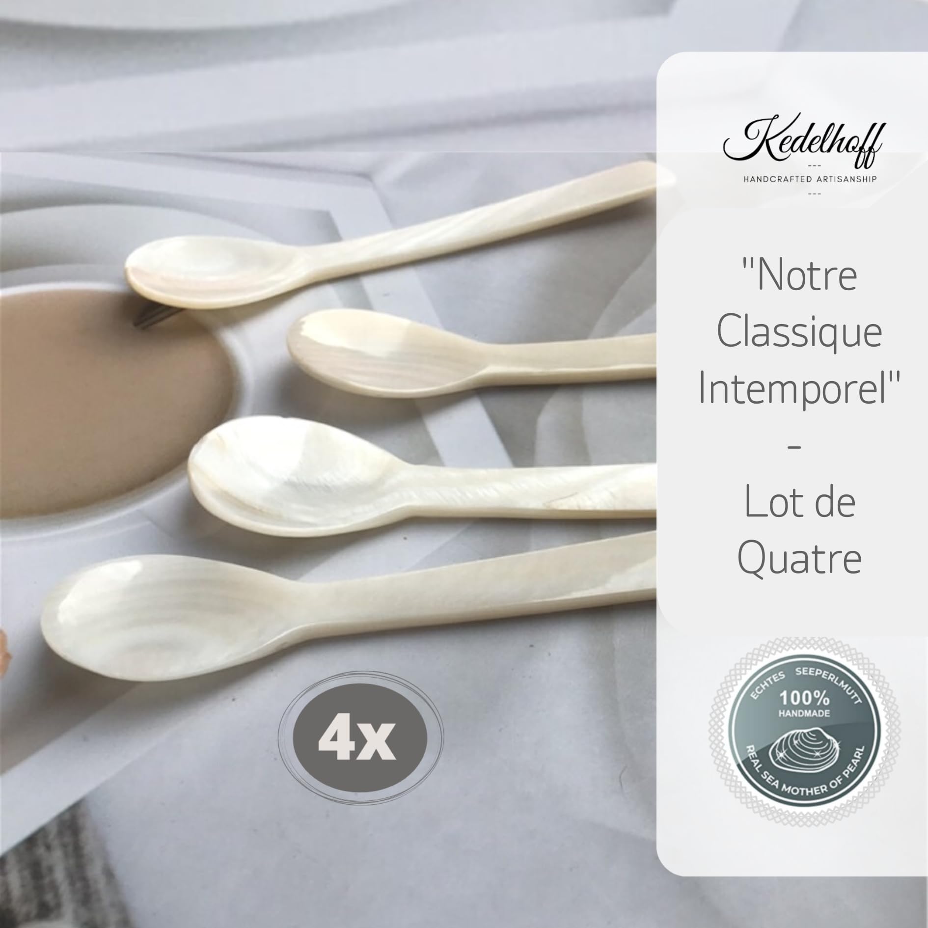 Lot de 4 Cuillères en Nacre Véritable I Cuillère à caviar fabriquée à la main I Cuillère à œuf nacrée (Naturelle), Environ 12 cm