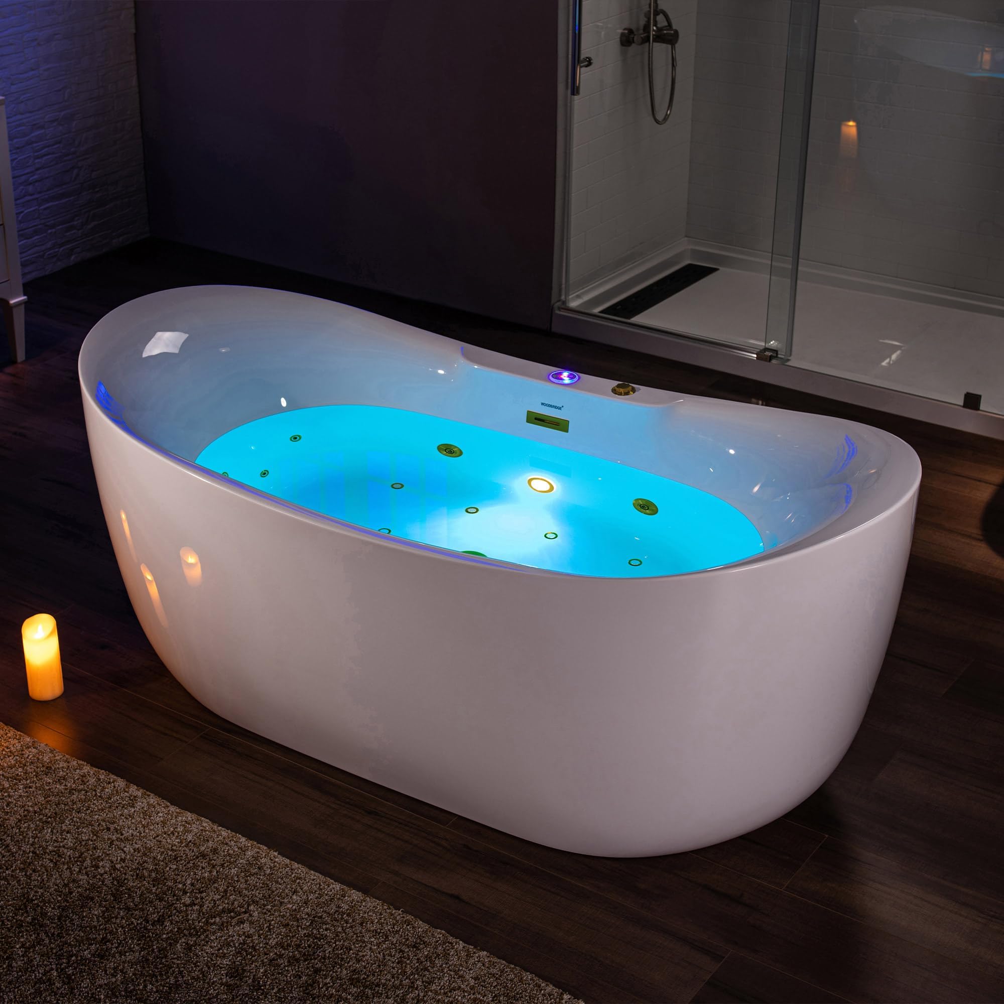 WOODBRIDGE 72" x 35-3/8" Whirlpool and Air Bath Heated Soaking Combination Tub with Adjustable Speed Air Blower and Display Control Panel, Brushed Gold Finish Trim and Drain Kit, BG400