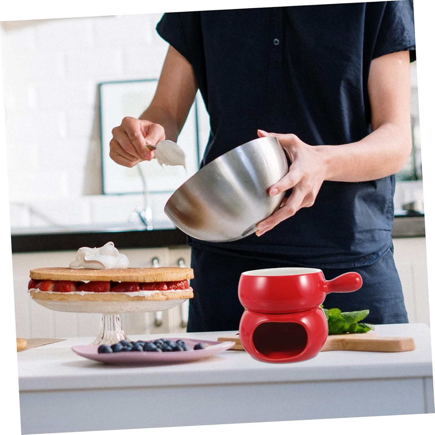 Cabilock Cheese Melting Pot Handle Ceramic Fondue Set for Chocolate and Cheese for Parties and Family Gatherings