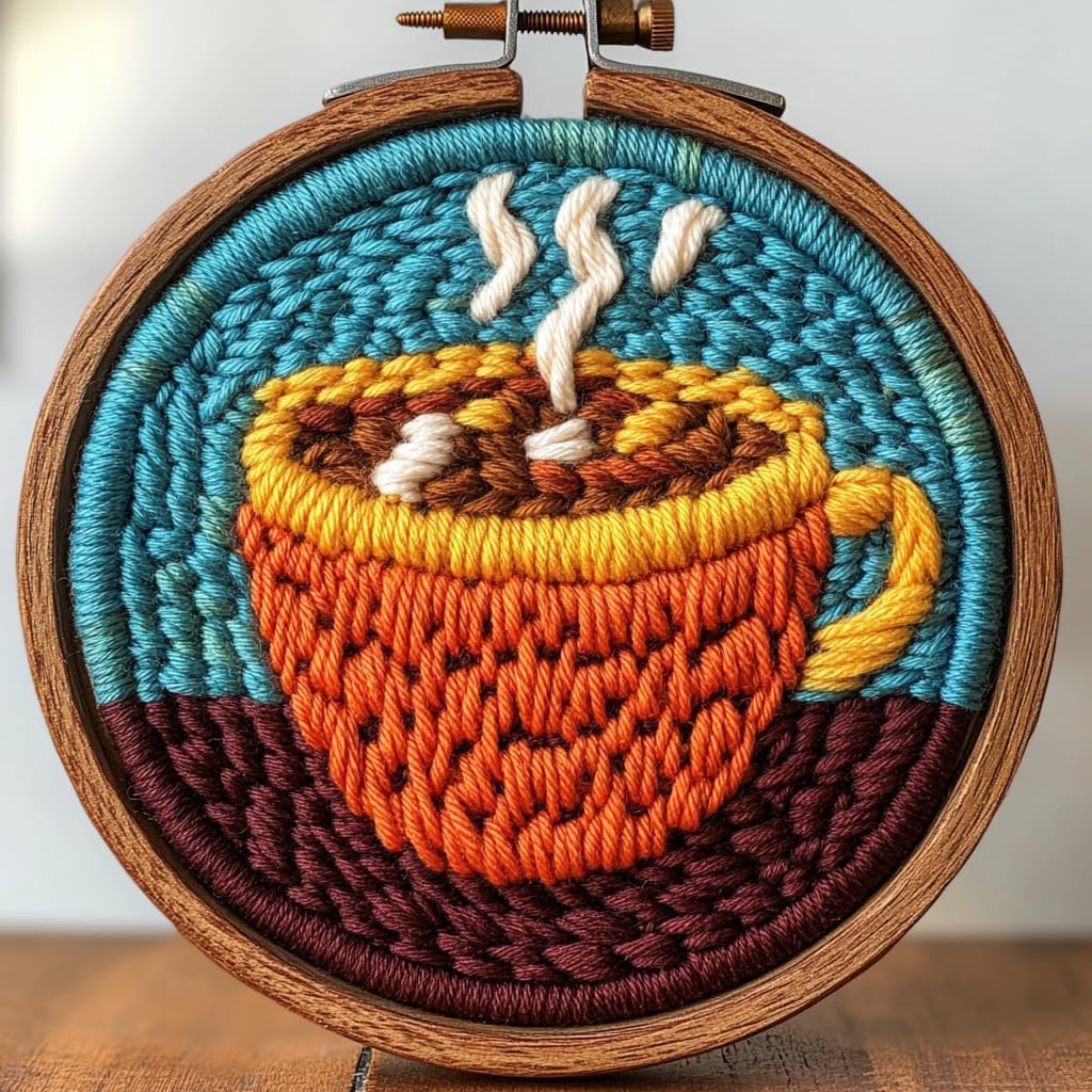 DIY Punch Needle Kits Coffe Cup with Hoop 20x20cm-2