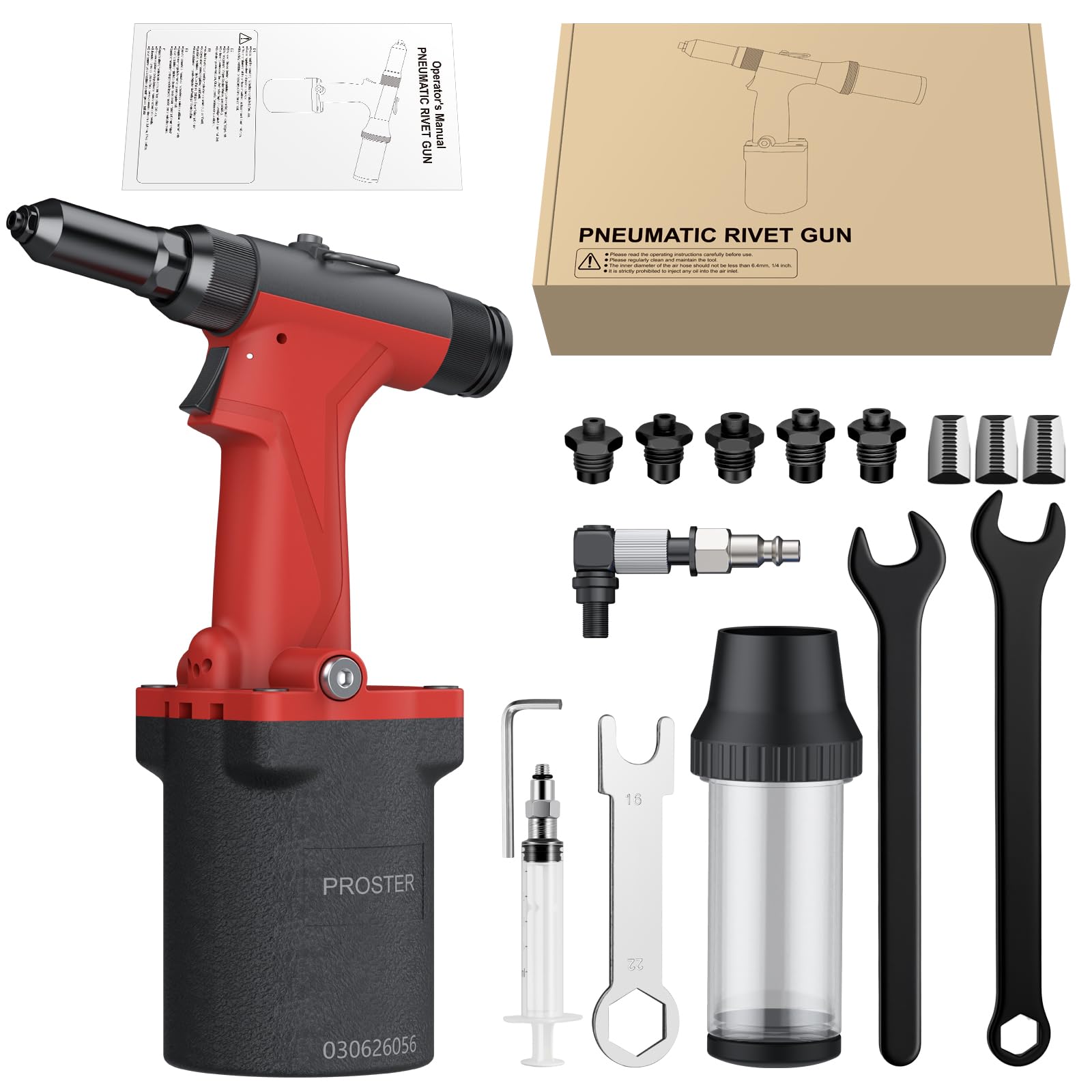 Proster Remachadora Neumatica 2450KGF Pistola Remachadora de Aire con 360°Conector de Aire Giratorio y 5 Tamaños de Boquilla 2,4-6,4mm para Mecánicos, Marinos y Automoción