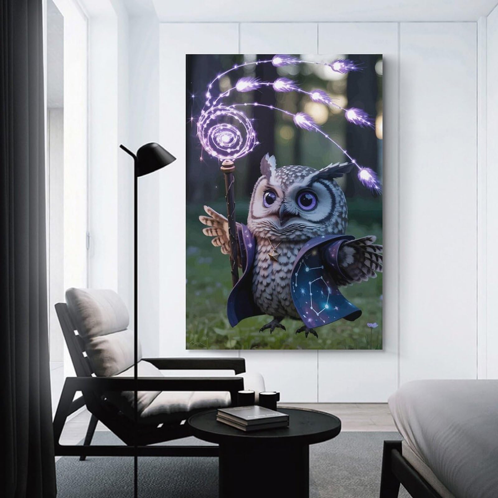 Junmoney Canvas Wall Picture Wizard Owl with Magic Staff, 24x36inch(60x90cm), for Bedroom Decor, Cosy Corners Or Studios, A Warm Accent for Relaxed Interiors