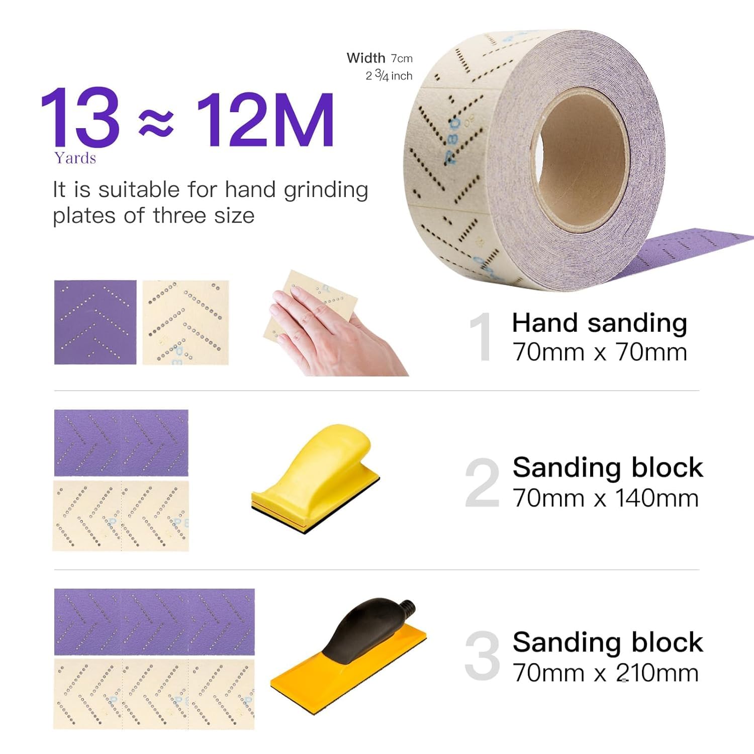 Rotolo di fogli abrasivi, rotolo di carta abrasiva, in ceramica viola, con fori a zigron, 70 mmx12 m, per levigatura del legno, rimozione del rivestimento, riparazione del corpo, grana 600