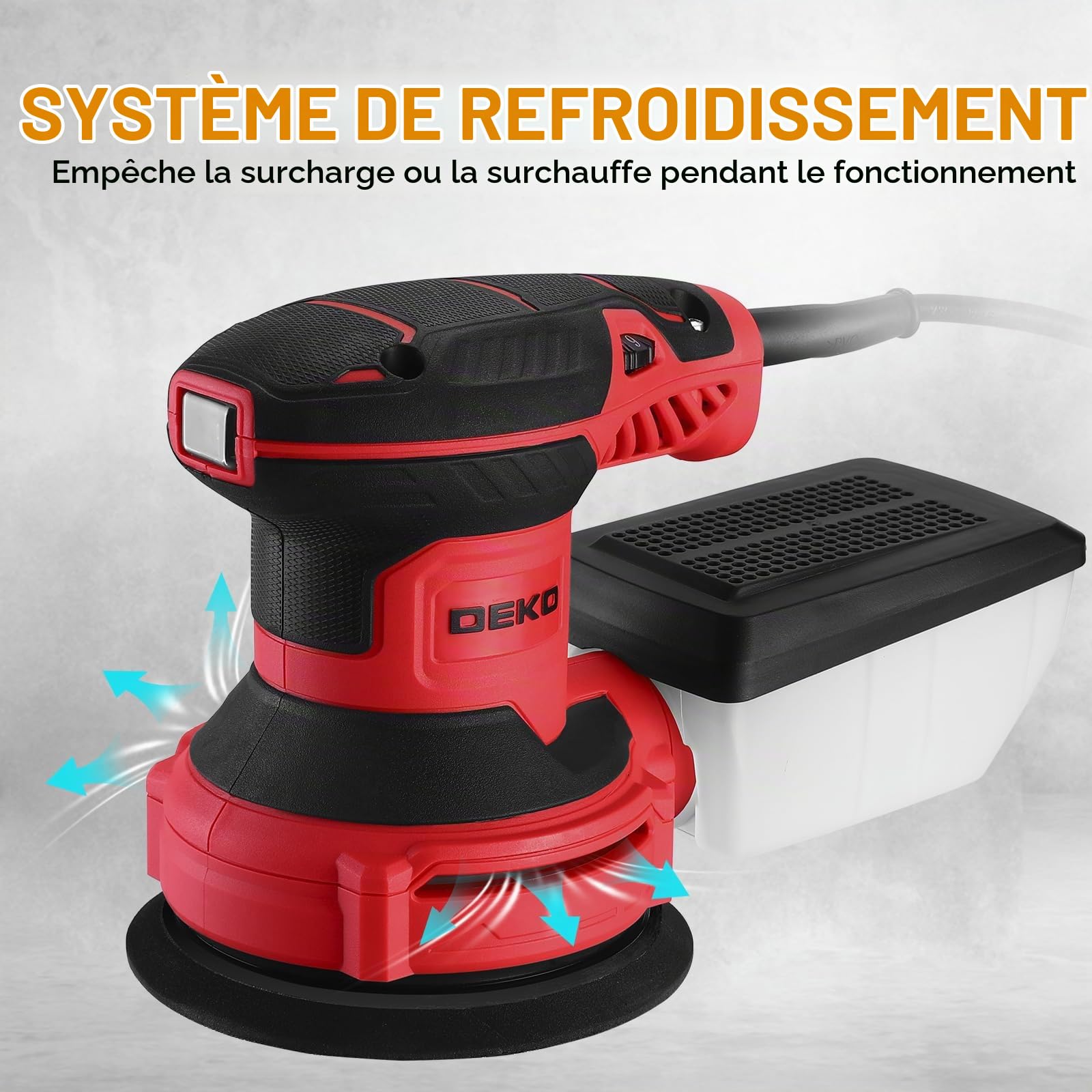 DEKOPRO Ponceuse Excentrique 300W - Ponceuse Electrique 125mm, 6 Vitesses, 14000RPM, Papier Abrasif 16 Pièces, Collecteur de Poussière, Trois Pinceau Plats, pour Surfaces en Bois et Acier, Rouge