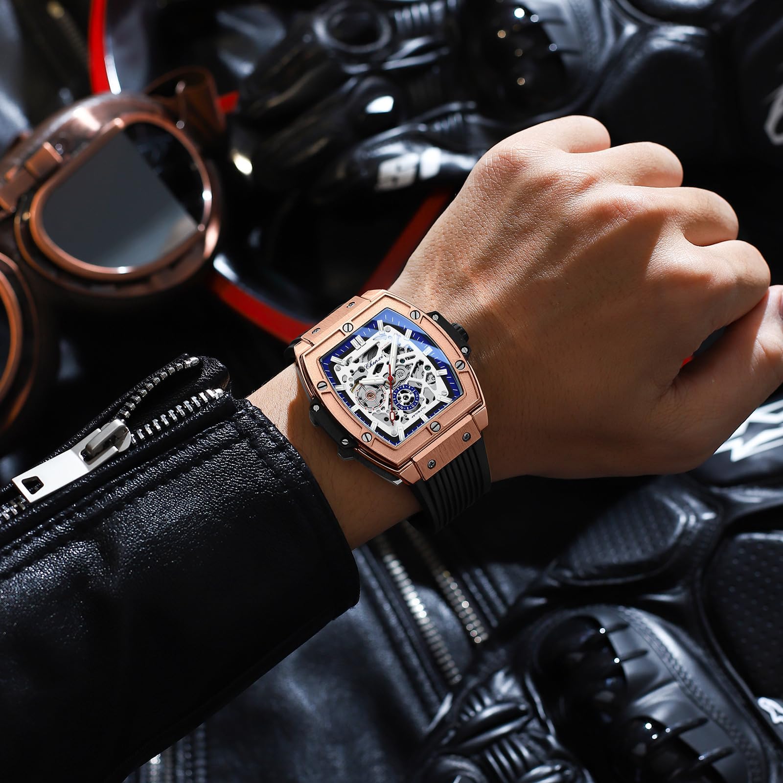 Reloj cuadrado cuadrado mecánico automático de alta calidad con cinta de silicona hueca impermeable y luminoso para hombre, Oro Rosa, Negocios