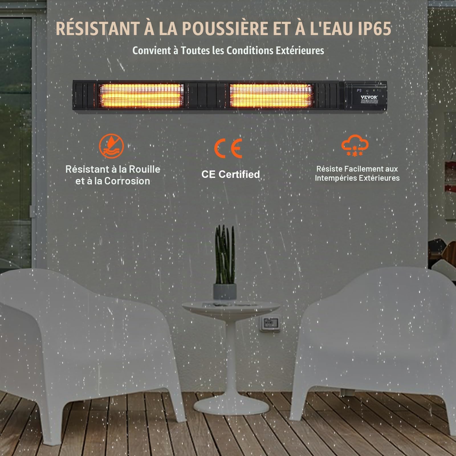 VEVOR Chauffage extérieur terrasse, 3000 W, radiateur infrarouge électrique avec télécommande, 9 vitesses, minuterie, protection IP65, support mural, pour porche, patio, salle à manger, studio, jardin