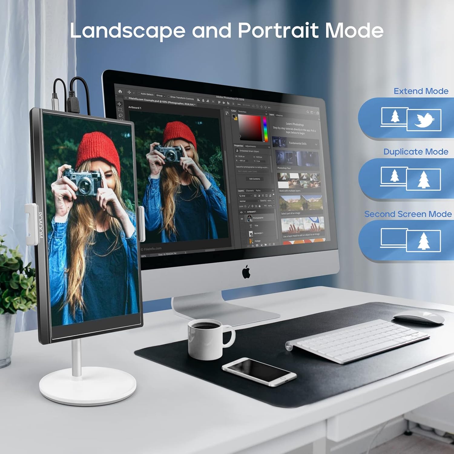 ROADOM Portable Monitor in both landscape and portrait modes, connected to a desktop computer, illustrating extend, duplicate, and second screen modes.