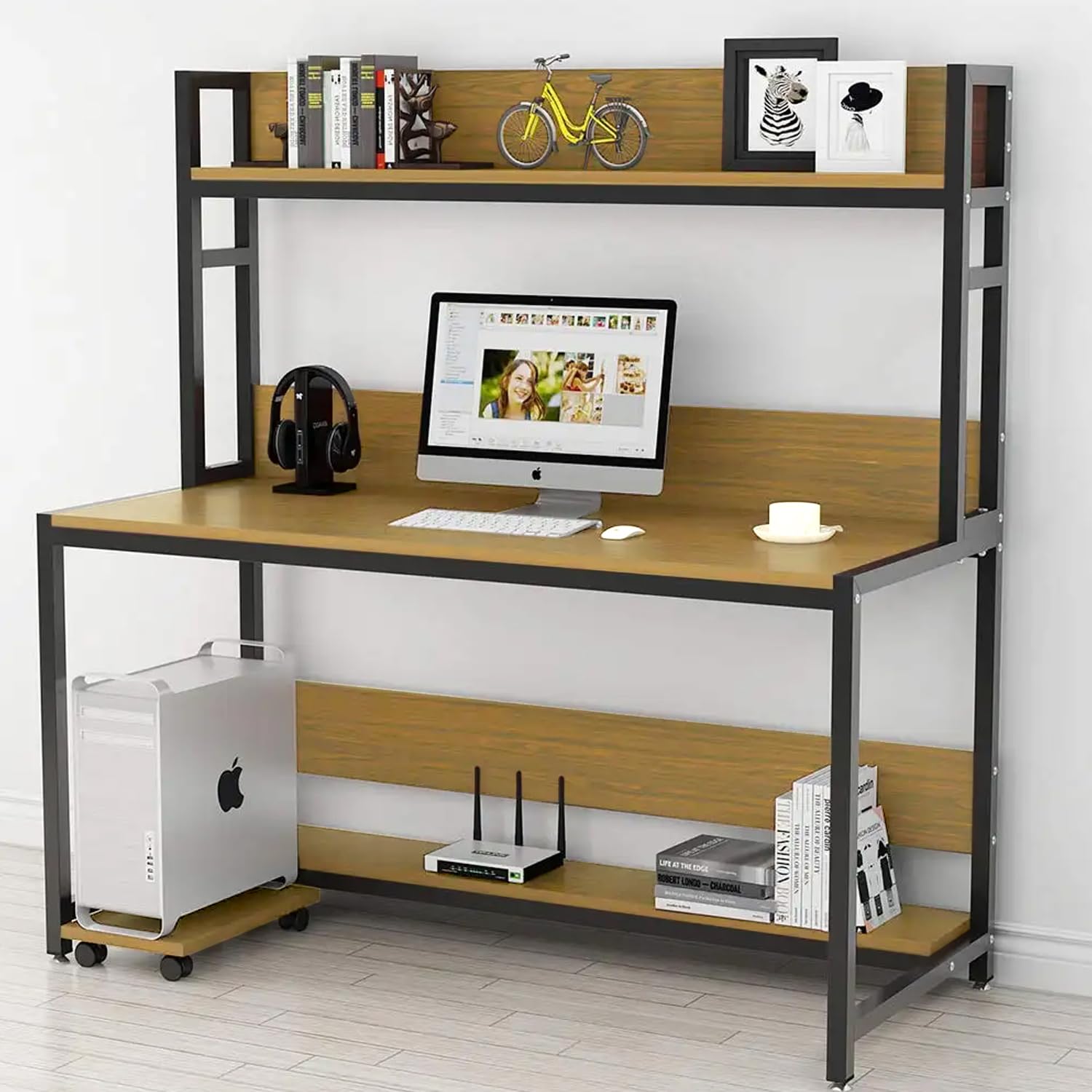 Un-Desk Cosmo Computer Table for Home Office and Study Table with 2 Large Shelf Workstation Desk for Desktop Pc Laptop and Gaming with Hutch Back/CPU Stand 120CM Oyster Cream-image-37