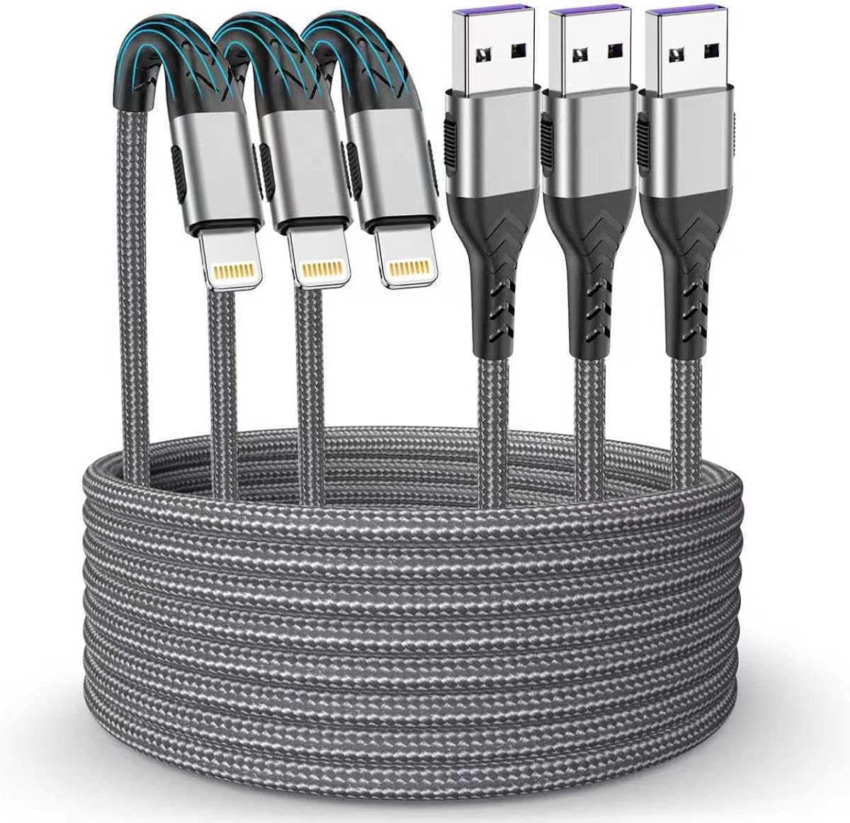 10FT Long Lightniing Cable Fast Charging, 3Pack USB Charging Cable High Speed Transfer Cord, Compatible with i Phone 14/13/12/11 XS MAX/XR/XS/X/8 7/Plus/6S Series, i pad mini, and More (Grey)