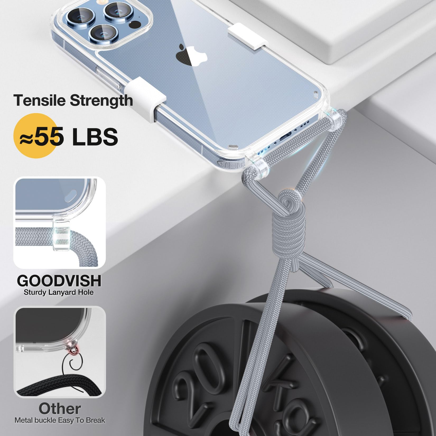 GOODVISH Cover Trasparente con Cordino per iPhone 15 Pro, Custodia con Regolabile Collana per iPhone 15 Pro 6.1'', [Antiurto] [AntiGraffio] [Antiscivolo] Case con Laccio Tracolla, Argento