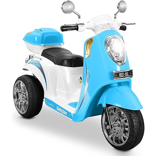 Kidzone Ride On Motorcycle Toy 3-Wheel Battery Powered Electric Motorbike with Music, Headlight, Storage Trunk, Horn, Key Switch for Boys & Girls - Sky Blue